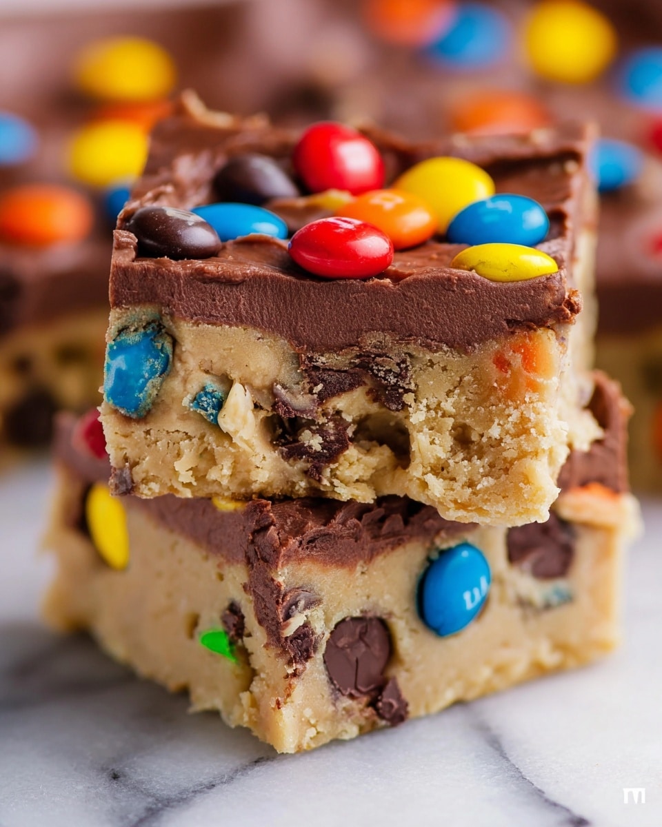 A close-up image of a two-layer square dessert bar placed on a white marbled surface, with the top layer being a smooth, rich dark brown chocolate frosting, covered with colorful candy-coated chocolate pieces in red, yellow, orange, blue, and dark brown. The bottom layer is a thick, light beige cookie dough base that looks soft and crumbly, embedded with mini chocolate chips and whole candy-coated chocolates, some of which are broken open showing the chocolate inside. The dessert appears moist and slightly bitten into, revealing the juicy texture inside. Photo taken with an iphone --ar 4:5 --v 7