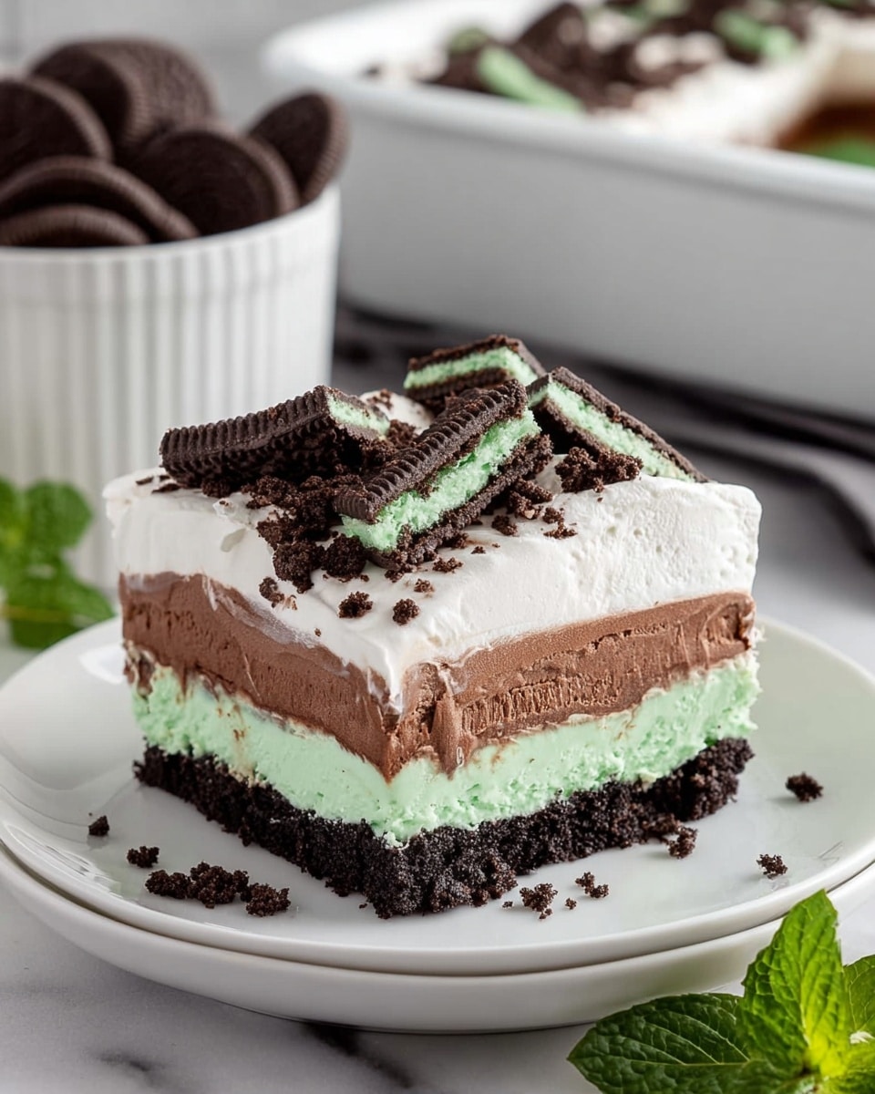 A square slice of layered dessert is placed on a white plate with a white marbled texture surface beneath. The dessert has four clear layers: the bottom layer is a dark chocolate cookie crumb crust, rough and crumbly; above it is a thick, smooth layer of pale green mint cream; next is a rich, dense chocolate mousse layer in medium brown; and the top layer is a fluffy white whipped cream. The top is decorated with broken pieces of chocolate sandwich cookies with green filling, scattered unevenly. In the background, a white bowl filled with whole mint chocolate cookies and a white baking dish with more of the dessert are partially blurred. Fresh green mint leaves lay near the plate on the surface. Photo taken with an iphone --ar 4:5 --v 7