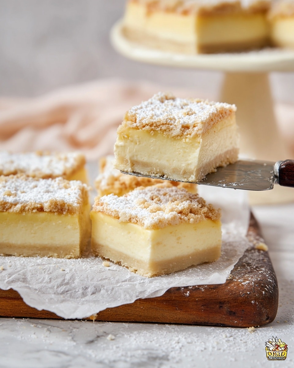 The image shows several square slices of a creamy dessert with two distinct layers: a dense, smooth pale yellow bottom layer and a lighter, textured creamy middle layer. The top layer is a golden-brown crumbly crust sprinkled with white powdered sugar, giving it a slightly rough texture. The slices rest on a piece of parchment paper over a rustic wooden board, and a metal spatula with a dark wooden handle is lifting one piece. The background features a slightly out-of-focus white marbled surface and a cake stand holding more slices in soft light. photo taken with an iphone --ar 4:5 --v 7