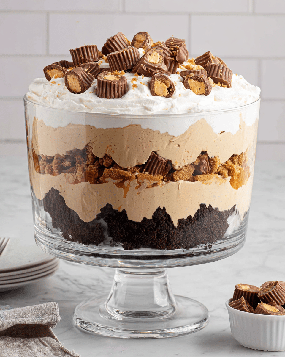 A tall, clear glass trifle bowl on a glass stand shows a layered dessert with six visible layers. At the bottom is a dark layer of crumbled chocolate and peanut butter pieces, rough in texture. Above it is a thick, smooth beige peanut butter cream layer. Next is a white whipped cream layer, light and fluffy. Then there is a second dark chocolate and peanut butter crumb layer with chunkier pieces. Above that is another thick beige peanut butter cream layer. The top is a generous whipped cream layer crowned with halved peanut butter cup candies, creating a textured, rich finish. The dessert sits on a white marbled surface with a small white bowl of peanut butter cups to the side. photo taken with an iphone --ar 4:5 --v 7