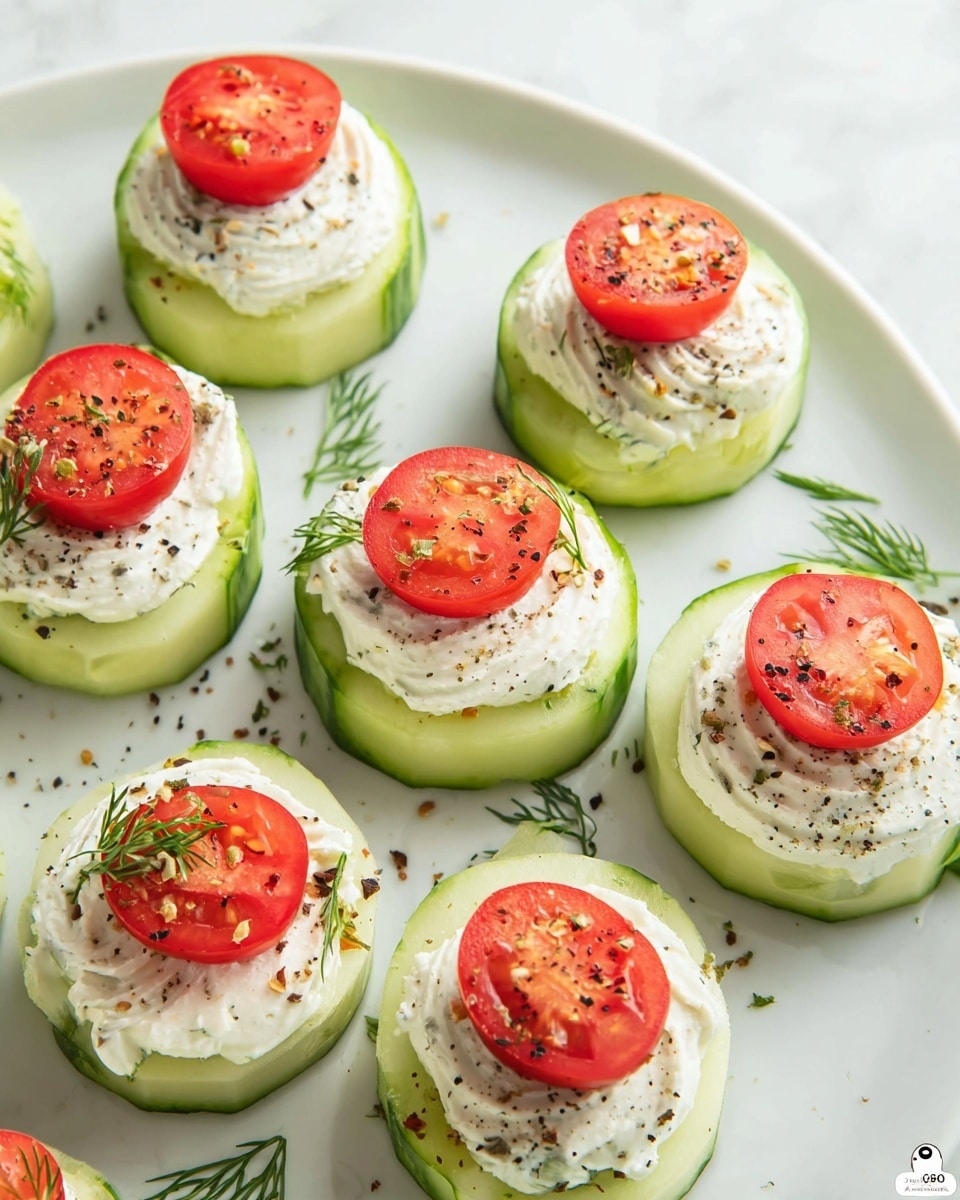 The image shows several cucumber slices arranged neatly on a white plate with a white marbled texture beneath. Each cucumber slice serves as the base layer, light green with a slightly darker green edge, topped with a swirl of creamy white cheese spread, which has a smooth and soft texture. On top of the cheese is a thin, round slice of bright red cherry tomato, showing some seeds inside. The cheese and tomato slices are sprinkled with small flakes of black pepper and herbs. Some small sprigs of fresh green dill are scattered around the plate for decoration. photo taken with an iphone --ar 4:5 --v 7