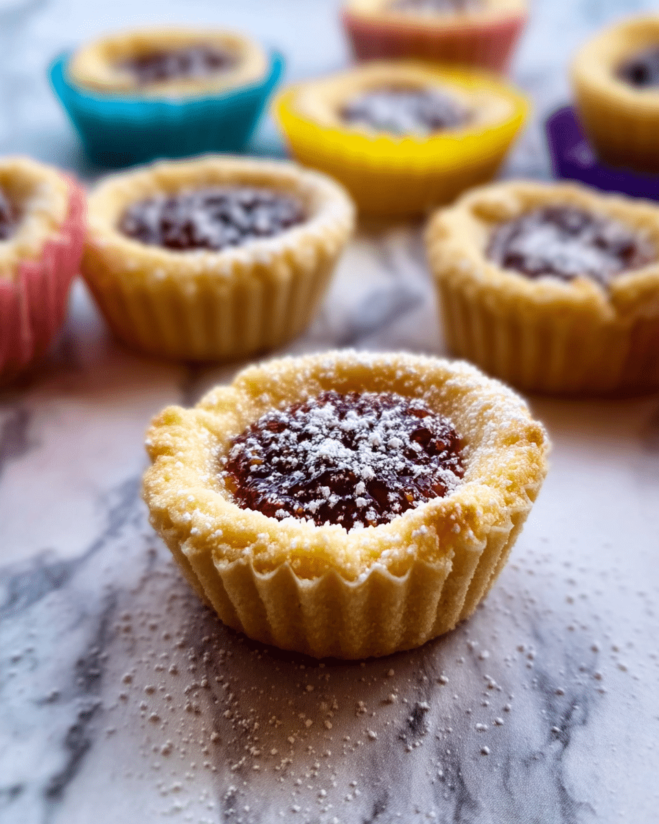 The image shows several small tarts with a light golden crust in colorful paper cups including yellow, blue, and purple. Each tart has a dark red or brown jam filling in the center, topped with a light dusting of white powdered sugar. The tarts sit on a surface with a white marbled texture, and the focus is sharp on the tart at the front, showing its crumbly crust and shiny jam details, while the other tarts in the background are softly blurred. Photo taken with an iphone --ar 4:5 --v 7