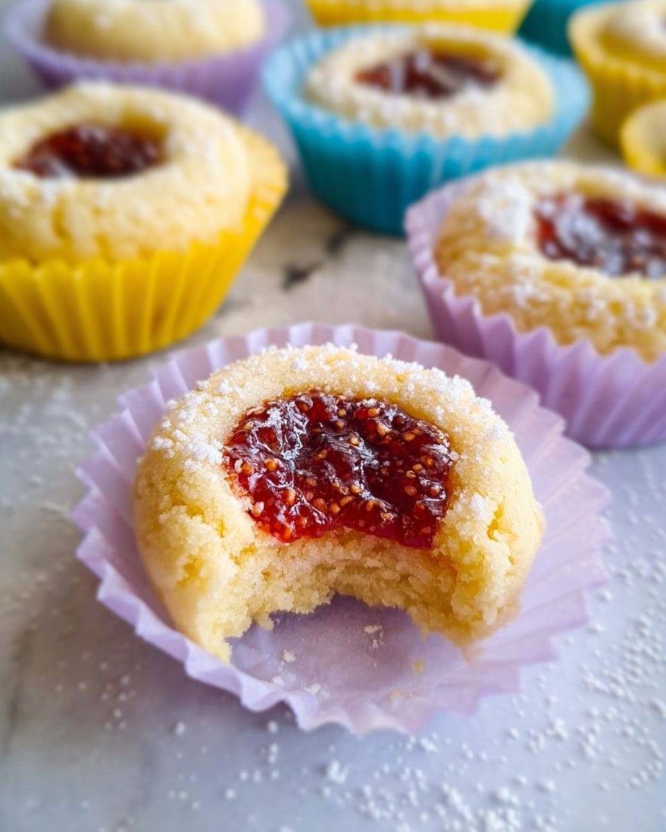 A close-up of small round cookies placed on a white marbled surface dusted with powdered sugar. The cookies have a soft, crumbly pale yellow dough forming the outer layer, filled with a deep red, chunky fruit jam with visible seed textures in the center. Each cookie sits in a colorful paper cup liner; the focus is on one cookie in a lavender liner with a bite taken out, showing the jam filling inside. In the background, there are more cookies in yellow and blue liners, slightly blurred. Photo taken with an iphone --ar 4:5 --v 7