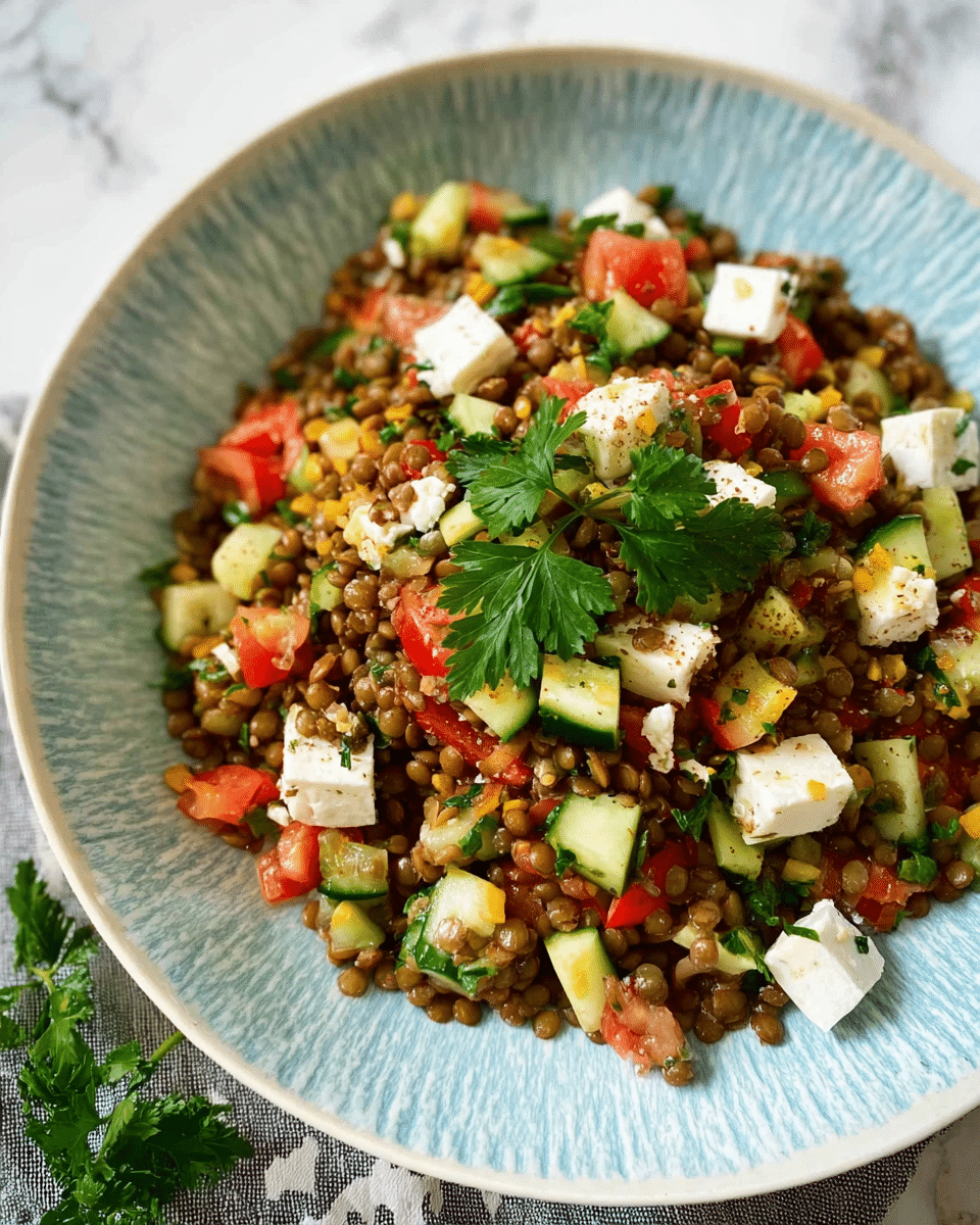 A bowl filled with a colorful lentil salad placed on a white marbled surface. The salad has three main layers: a base layer of brown lentils, mixed with small cubes of pale green cucumber and tomato pieces in red. Scattered on top are chunks of white cheese and fresh green parsley leaves, adding texture and color contrast. The bowl is white with a light blue rim, complementing the colors of the salad. photo taken with an iphone --ar 4:5 --v 7