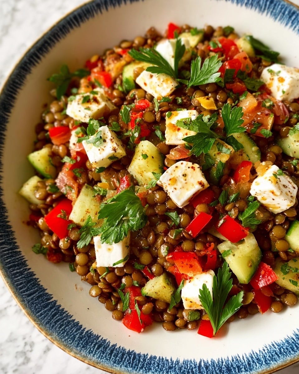 A close-up of a lentil salad served in a white plate with a blue rim, placed on a white marbled textured surface. The salad has a base layer of cooked brown lentils, mixed with chopped red bell peppers and diced cucumber pieces. Scattered on top are chunks of white cheese and sprigs of fresh green parsley, adding color contrast and texture. The overall look is fresh and colorful with rough and smooth textures combined. Photo taken with an iphone --ar 4:5 --v 7