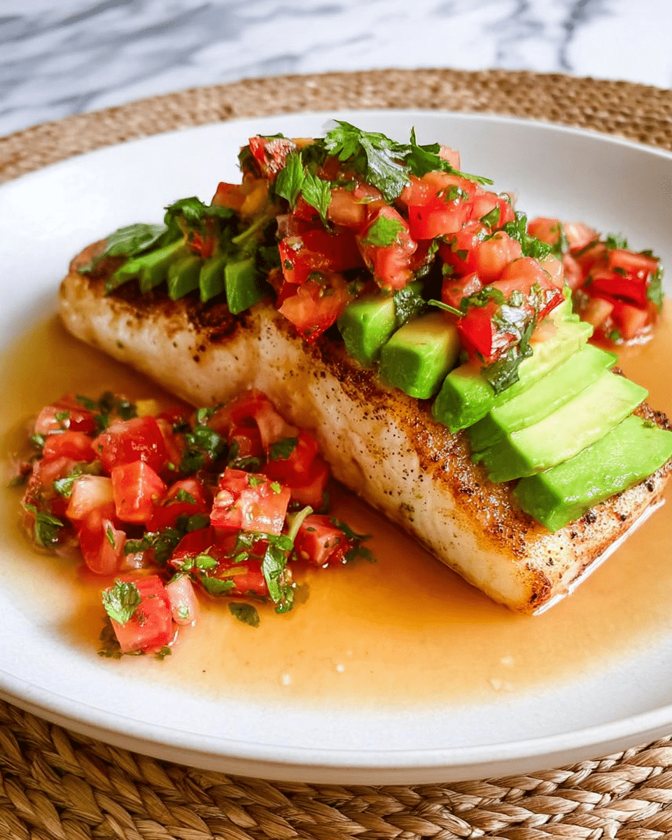 A white plate holds a piece of grilled fish with a golden brown, slightly crispy surface as the bottom layer. On top of the fish is a layer of thin avocado slices arranged in a row, showing a bright green color. Above the avocado, there is a layer of diced tomatoes mixed with chopped fresh herbs, mostly green cilantro, adding red and green colors. Around the fish on the plate, there are more diced tomatoes scattered, sitting in a light brown sauce that pools slightly on the plate. The plate is set on a woven mat, but the background is changed to a white marbled texture. Photo taken with an iphone --ar 4:5 --v 7