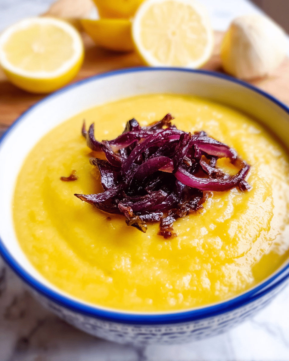 A close-up image of a white bowl with a blue rim filled with smooth, thick yellow soup that has a creamy texture. On top in the center, there is a small pile of glossy, dark purple caramelized onion slices, adding contrast and texture. In the background, slightly out of focus, there are lemon halves and a light beige object, all placed on a white marbled surface. The lighting is bright, highlighting the colors and details of the dish. photo taken with an iphone --ar 4:5 --v 7