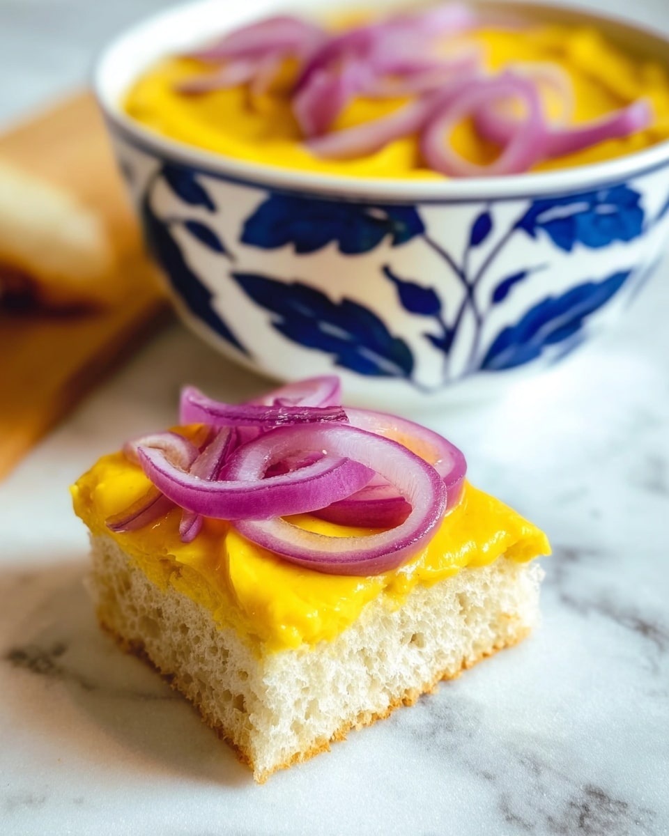 A close-up image shows a small square piece of light beige bread with a soft, porous texture as the base layer. On top of the bread is a thick, smooth layer of bright yellow spread with a shiny surface. On top of the yellow spread are several thin, curved pieces of cooked purple onion with a slight gloss. In the background, there is a white bowl with blue leaf patterns filled with the same bright yellow spread, topped with more purple onions. The whole setting is on a white marbled surface. Photo taken with an iphone --ar 4:5 --v 7