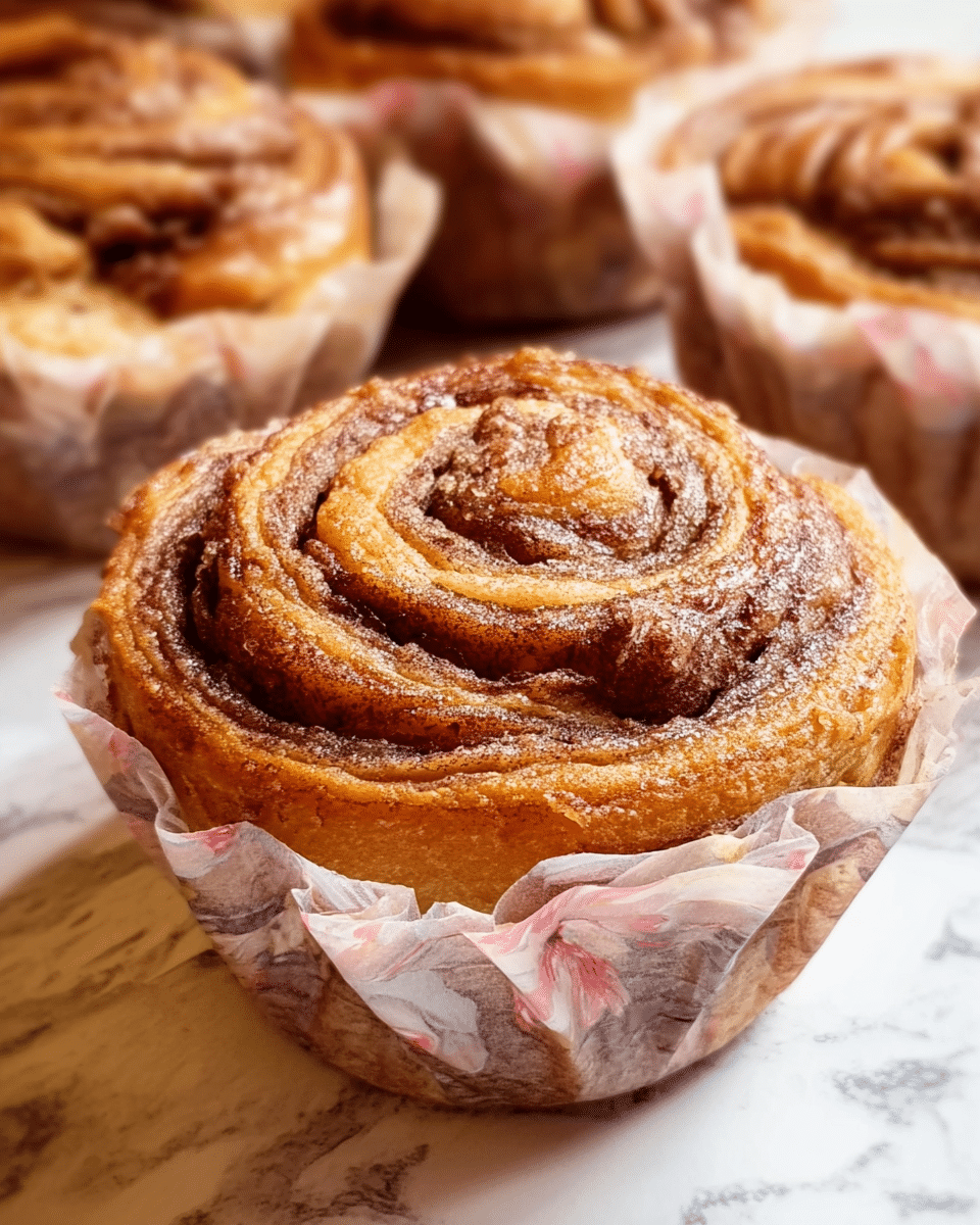 The image shows a close-up of a single cinnamon roll with a warm golden-brown crust and layers of swirled dough with lighter beige and darker brown shades creating a textured spiral pattern. The cinnamon roll sits inside a paper wrapper with crinkled edges and a floral pattern featuring light pink and gray colors. The background shows partial views of other similar cinnamon rolls on a smooth white marbled surface. photo taken with an iphone --ar 4:5 --v 7