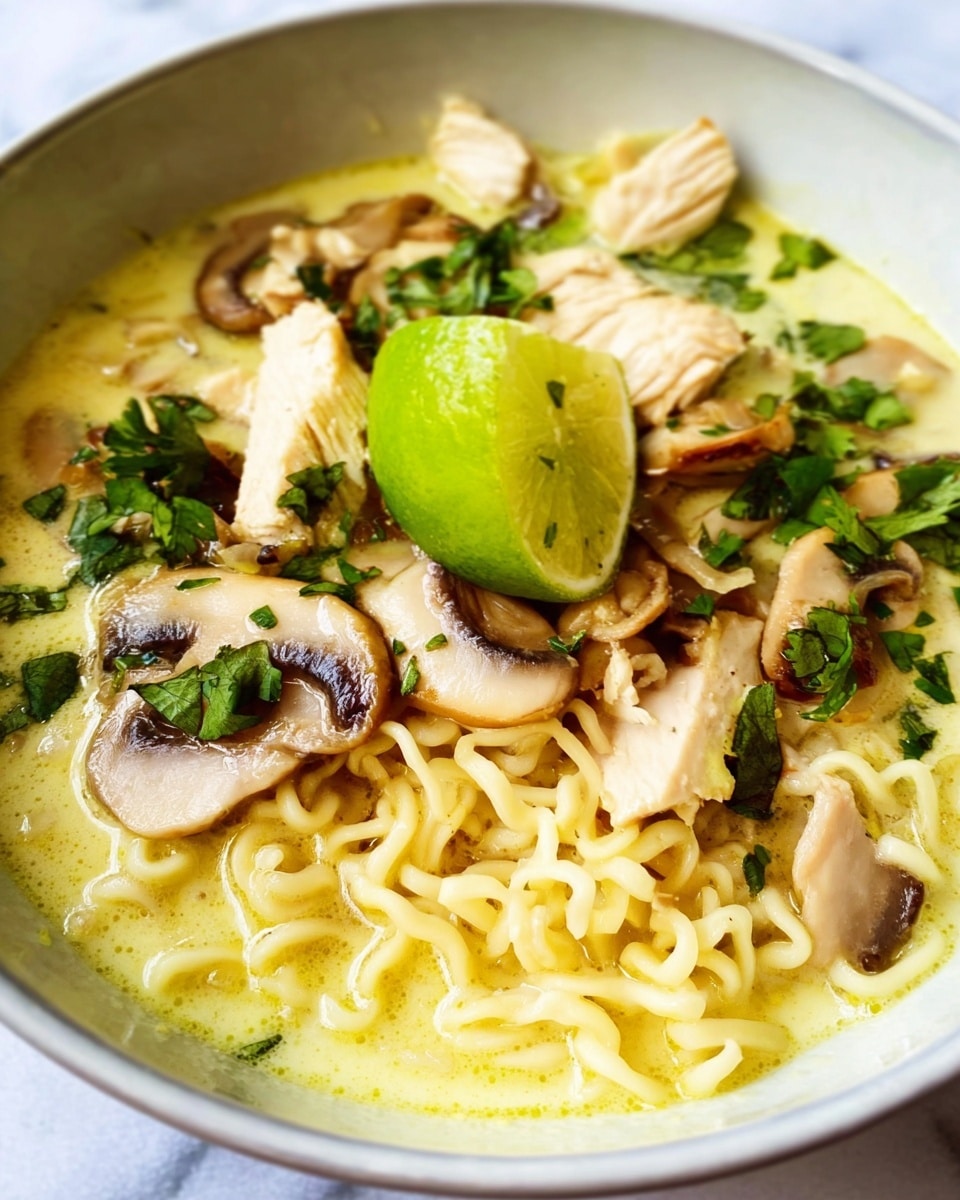 A close-up view of a white bowl filled with a yellow creamy broth base, holding a nest of thin, wavy noodles at the bottom, topped with sliced light brown mushrooms and chunks of white chicken pieces. Fresh green herbs are scattered on top, and a halved bright green lime wedge sits in the center of the dish. The bowl is placed on a white marbled surface. Photo taken with an iphone --ar 4:5 --v 7