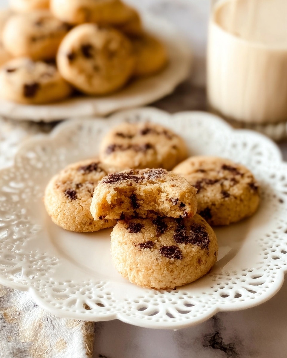 The image shows a white plate with a decorative lace-like edge, holding four small round cookies with a light golden brown color and dark chocolate spots scattered across their surface. One cookie in front has a bite taken out of it, revealing a soft and crumbly texture inside. In the blurred background, there are more cookies piled together and a glass of light-colored milk on a white marbled surface. The photo is bright and warm, highlighting the textures and colors of the cookies clearly. photo taken with an iphone --ar 4:5 --v 7