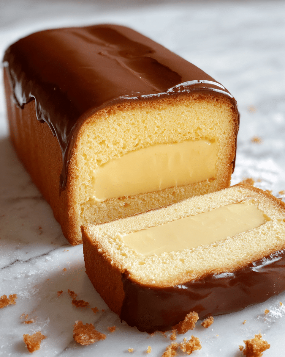 A loaf-shaped dessert is shown cut in half, revealing three layers inside. The outer layer is a smooth, shiny dark brown glaze covering the entire top and sides. Beneath that is a thick, pale yellow cake layer with a soft texture, evenly surrounding the third layer. The innermost layer is a dense, creamy light yellow filling, cleanly cut and taking up most of the center. The cake sits on a white marbled surface with some crumbs scattered around. photo taken with an iphone --ar 4:5 --v 7