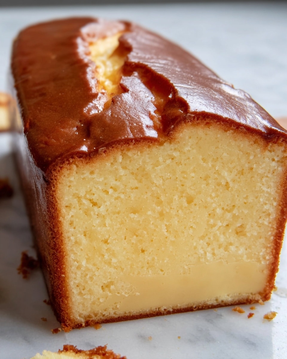 A close-up view of a thick loaf-shaped cake with one layer showing; the cake has a smooth, golden brown, slightly cracked top crust that wraps down the sides, and a solid, creamy yellow interior with a dense, moist texture; the cake sits on a white marbled surface with small crumbs near the base. photo taken with an iphone --ar 4:5 --v 7