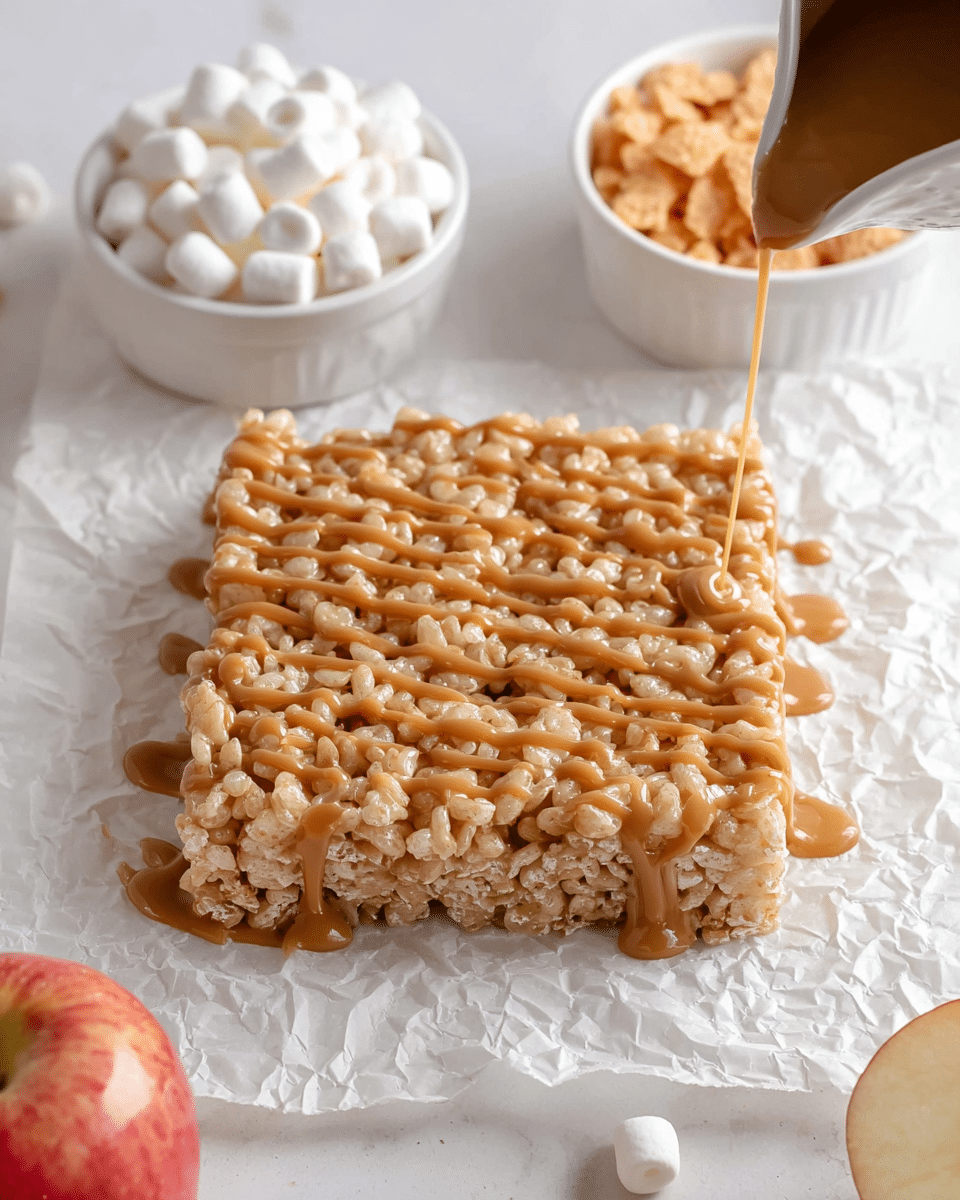 A square-shaped rice crispy treat sits on crumpled white paper with a glossy, light brown peanut butter sauce drizzled evenly on top, covering the rough and puffy texture of the rice cereal layer beneath. Above the treat, there are three white bowls, one filled with small white marshmallows, another holding pale orange crispy rice pieces, and the third containing a pouring white jug with more peanut butter sauce dripping down its side. A small part of a red apple is visible at the lower left corner, all placed on a white marbled surface. photo taken with an iphone --ar 4:5 --v 7