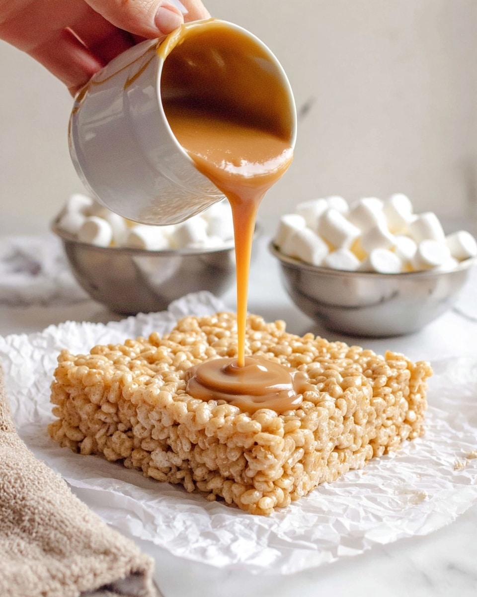 A close-up shot shows a large square rice crispy treat with a light golden brown color and a textured, puffy appearance from the puffed rice. It rests on crumpled white parchment paper on a white marbled background. A woman's hand in the top left pours a thick, glossy light caramel sauce over the top, with some dripping down the sides onto the paper. In the blurred background, two small metal bowls sit side by side; one filled with small white marshmallows and the other with more crushed crispy treats. Photo taken with an iphone --ar 4:5 --v 7