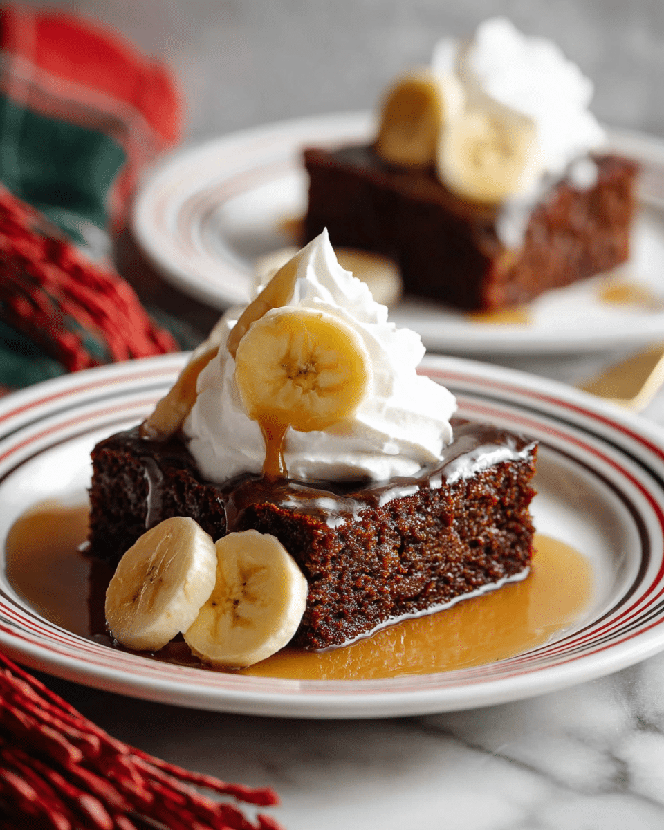A square piece of dark brown cake sits on a white plate with red and black stripes, topped with a dollop of white whipped cream and two round pale yellow banana slices on top; a light beige syrup drips down the sides of the cake and pools around the base. On the left side of the cake, several banana slices lay flat, leaning on the cake's edge. In the background, there is a second identical cake slice on a white plate with the same banana slices and whipped cream. The image is set on a white marbled surface with a soft focus in the background, and a bundle of red and green fabric is partially visible in the lower foreground. Photo taken with an iphone --ar 4:5 --v 7