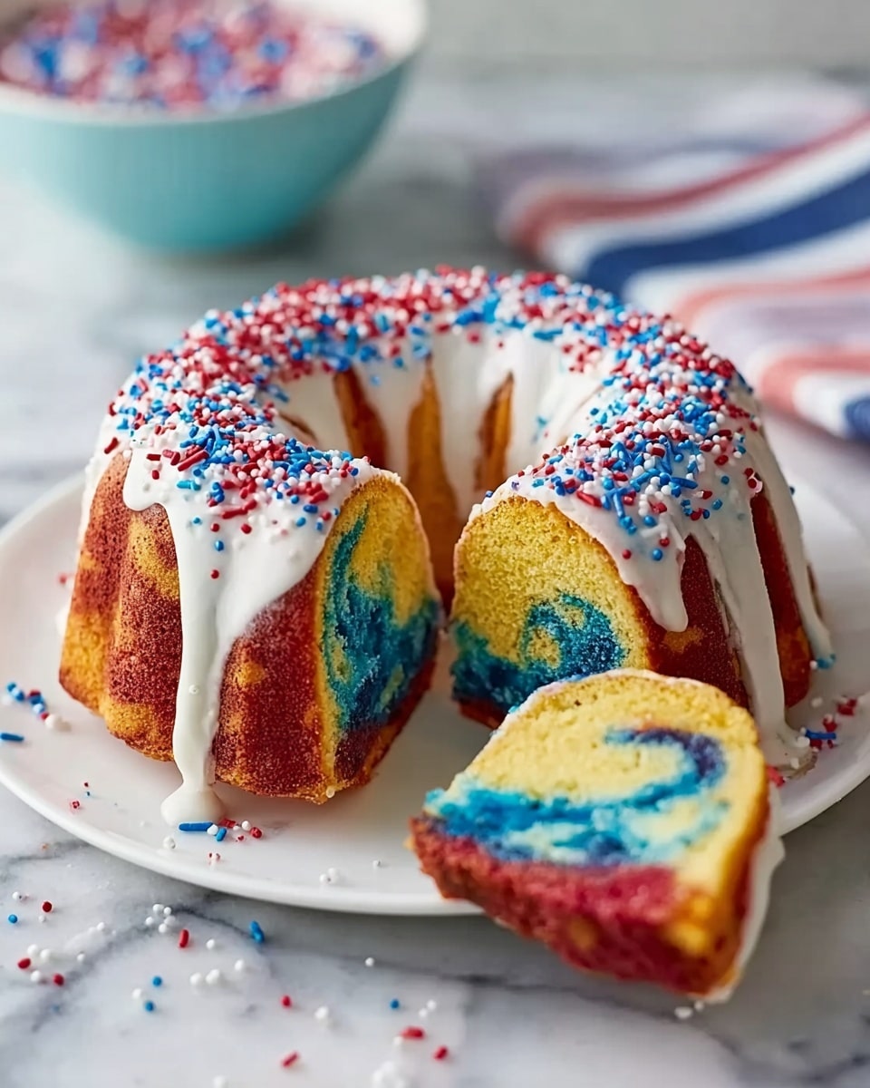 A white bundt cake sits on a white plate on a white marbled surface, decorated with white icing dripping down the sides. The inside of the cake shows three layers of bright colors: yellow, blue, and a bit of red, all mixed in a marbled pattern. The cake is topped with red, blue, and white sprinkles that are scattered on the plate and surface as well. One slice is cut and laid down on the plate, showing the colorful swirls more clearly. In the background, a bowl with a soft blue color and a striped cloth with red, white, and blue lines are slightly out of focus. photo taken with an iphone --ar 4:5 --v 7