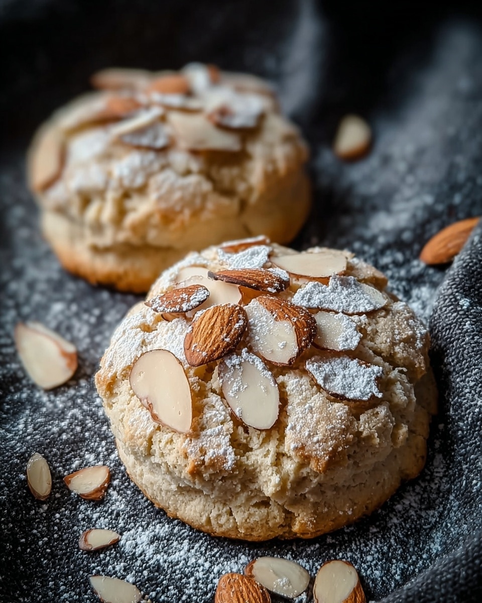 Two light brown round biscuits sit on a dark textured cloth, each topped with thin slices of almonds and a light dust of white powdered sugar. The biscuits have a rough, crumbly surface with small cracks that show their soft inside. The almond slices are scattered unevenly on top, giving a crunchy contrast to the soft biscuit base. The background is a white marbled texture that softly blends into the dark cloth. Photo taken with an iphone --ar 4:5 --v 7