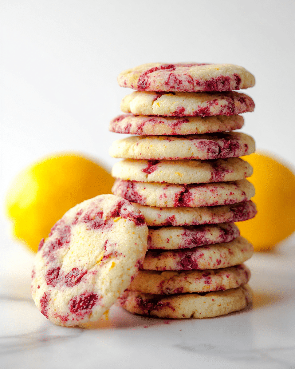 A tall stack of eleven pale cookies with bright red berry pieces mixed inside, showing a soft and slightly bumpy texture, sits centered on a white marbled surface. One cookie leans against the stack in the front, showing the same pattern of creamy color with red berry streaks. Two bright yellow lemons with smooth shiny skin are placed on either side of the stack, adding a pop of color to the scene. The background is clean and white, making the cookies and lemons stand out clearly. photo taken with an iphone --ar 4:5 --v 7