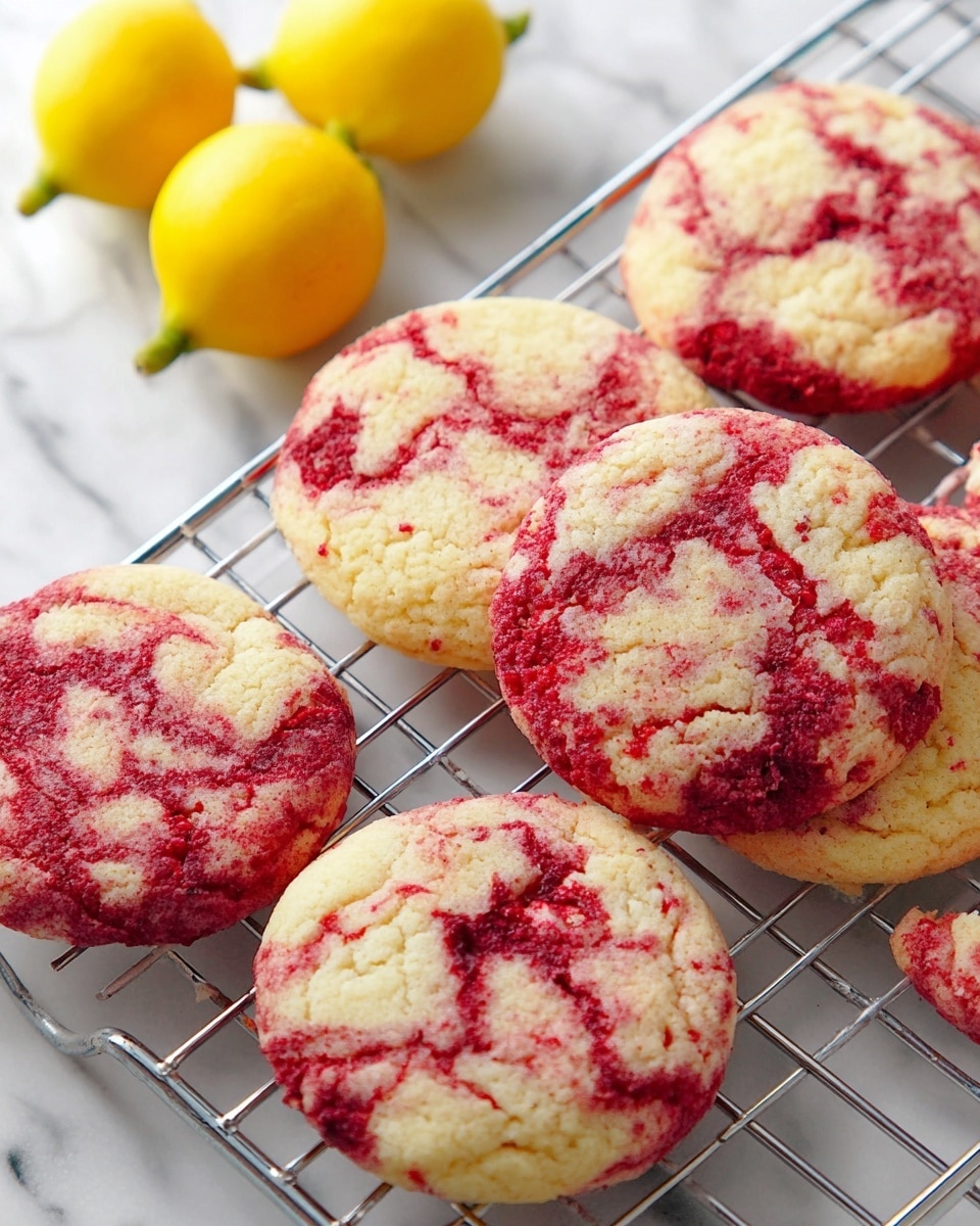 The image shows six round cookies with a light beige base color and bright red swirls of raspberry mixed evenly throughout, giving a marbled effect. The cookies have a soft and slightly crumbly texture with uneven edges. They are placed on a silver wire cooling rack that sits on a white marbled surface. In the top left corner, there are three small yellow fruits with smooth skin and green stems, adding a fresh contrast to the cookies. The overall scene has bright lighting that highlights the textures and colors of the cookies and fruits. photo taken with an iphone --ar 4:5 --v 7