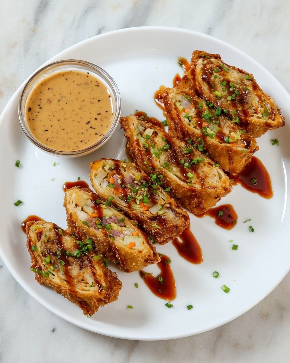 The image shows a white round plate with five pieces of fried rolls arranged in a slightly angled line. Each roll is cut in half lengthwise, revealing a soft filling of mixed vegetables and possibly meat, with a crispy brown outer layer. The rolls are topped with a drizzle of dark brown sauce and small green chopped herbs. On the left side of the plate, there is a small clear glass bowl filled with a creamy, light brown dipping sauce containing specks of seasoning. The plate sits on a white marbled surface. photo taken with an iphone --ar 4:5 --v 7