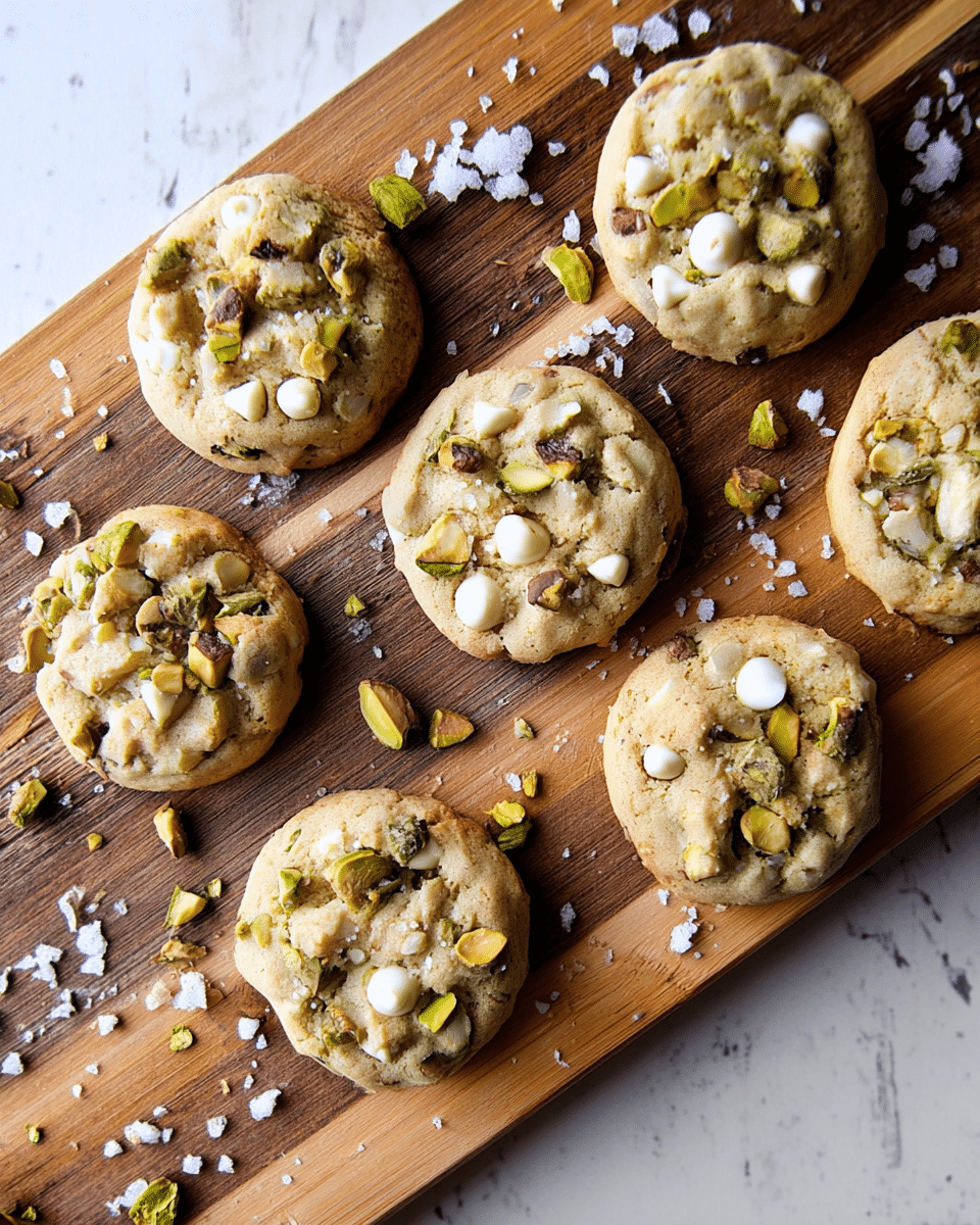Seven round cookies with a light golden-brown surface are placed on a wooden board. Each cookie is loaded with white chocolate chips and pieces of green pistachios, creating a bumpy texture with bits of nuts visible on top. Around the cookies, flakes of coarse sea salt are scattered on the wooden board. The background is a white marbled texture. photo taken with an iphone --ar 4:5 --v 7
