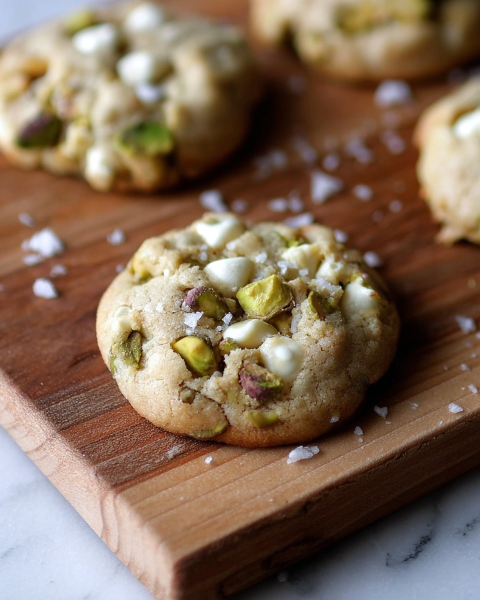 The image shows a close-up of soft cookies placed on a wooden board set against a white marbled surface. Each cookie is round and thick with a slightly uneven texture, displaying bits of white chocolate chips and chopped green pistachios embedded both on the top and inside the dough. The cookies have a light golden-brown color with small cracks and a chewy look. Some coarse salt flakes are sprinkled over and around the cookies on the wooden board, adding a touch of texture and detail to the scene. The focus is on the front cookie, with others blurred softly in the background. photo taken with an iphone --ar 4:5 --v 7