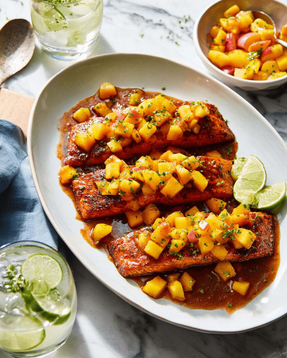 On a large white oval plate, three rectangular grilled fish fillets with a shiny, dark orange-brown glaze lie side by side. Each fillet is topped with a chunky mix of bright yellow and orange diced mango and peach pieces, sprinkled with small green herb bits for freshness. On the right side of the plate are two small lime wedges, adding a fresh green touch. The plate sits on a white marbled surface with a glass of iced water and lime wedge in front, and a small white bowl filled with more diced fruit and a spoon behind. The scene is well lit with soft natural light. photo taken with an iphone --ar 4:5 --v 7