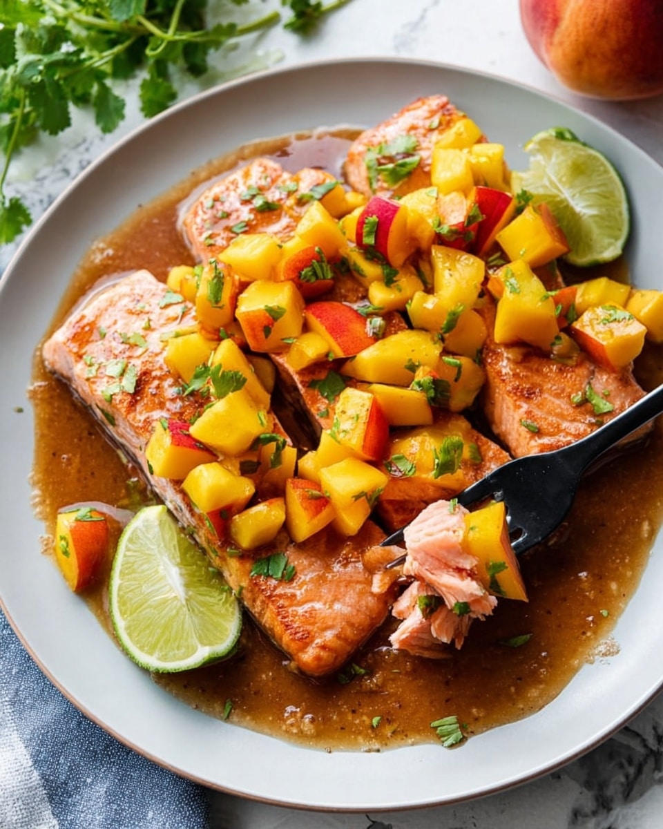 The dish shows several cooked salmon fillets with a warm brown sauce covering them, arranged on a white plate. On top of the salmon, there are bright yellow and orange pieces of diced mango and peach, some with green cilantro leaves mixed in, adding a pop of fresh color. Two lime wedges sit on the side of the plate. A black fork holds a piece of salmon, showcasing its pink inner texture. The plate is placed on a white marbled surface with some green cilantro and a peach blurred in the corner. photo taken with an iphone --ar 4:5 --v 7