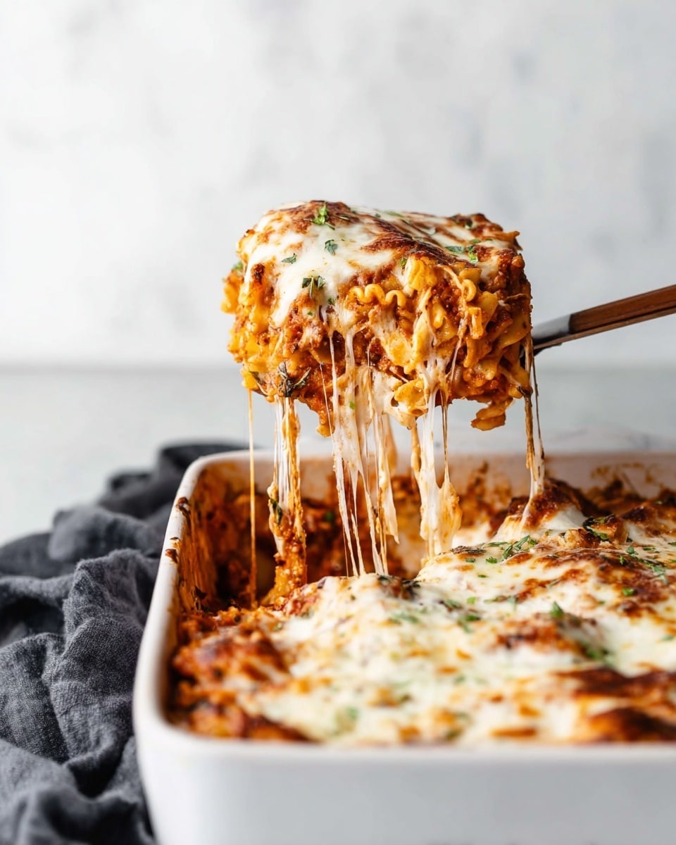 A close-up view of a baked pasta dish being lifted with a serving spatula from a white rectangular baking dish. The dish has several layers: the bottom layer is cooked pasta mixed with rich red tomato sauce and bits of green herbs, the middle layer contains thick, melted white cheese that stretches in long pulls, and the top layer is a golden-brown, slightly crispy cheese crust with hints of herbs sprinkled on it. The background features a clean, white marbled texture, and part of a dark cloth napkin is visible beside the dish. Photo taken with an iphone --ar 4:5 --v 7
