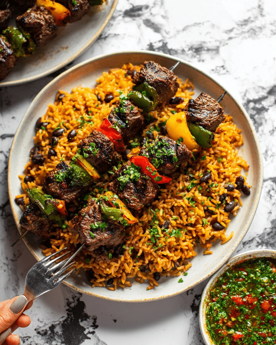 A white oval plate holds several metal skewers with grilled kebabs arranged closely together. Each skewer has four layers of thick, dark brown grilled meat pieces, interspersed with three colorful layers of red, yellow, and green bell pepper slices, creating a vibrant pattern. The meat is coated with finely chopped green herbs. Around the plate, small bits of herbs and oil are scattered. To the top right, a white bowl filled with a green herb sauce and a spoon rests on a white marbled surface. A gray striped cloth is partially under the plate to the left. photo taken with an iphone --ar 4:5 --v 7