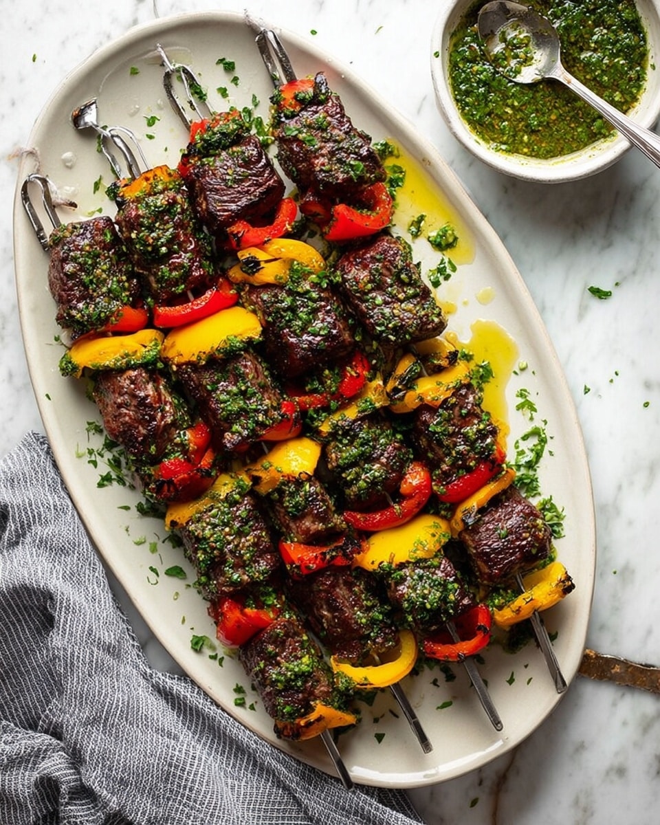 The image shows two skewers of grilled beef kebabs placed on a round white plate filled with orange-brown rice mixed with black beans. Each skewer has chunks of dark brown grilled beef alternating with bright pieces of green, yellow, and red bell peppers, all sprinkled with chopped green herbs. The plate is set on a white marbled surface, next to a bowl of green chunky sauce with red bits. A woman's hand in the corner holds a fork on the plate. photo taken with an iphone --ar 4:5 --v 7