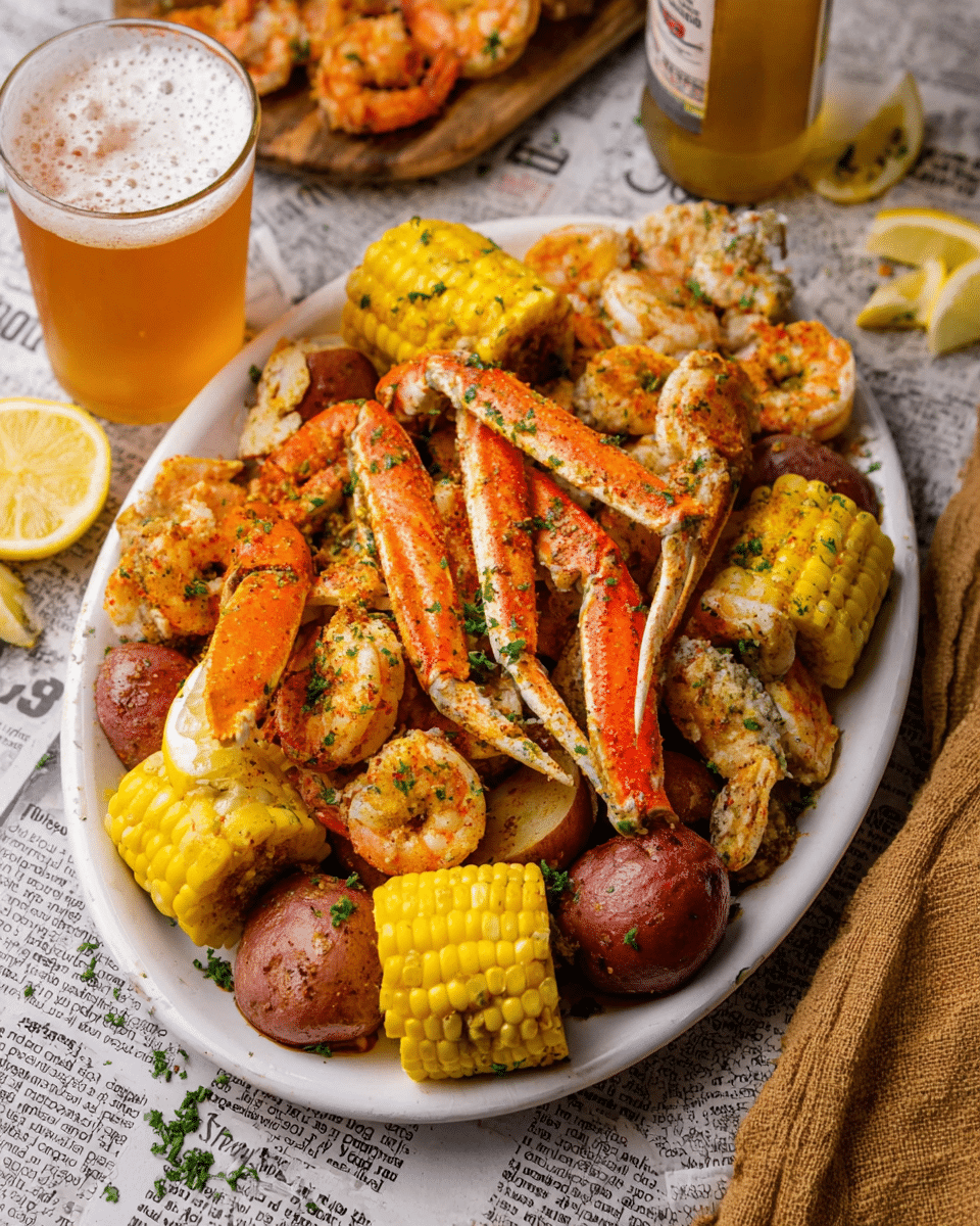 A white oval plate is filled with a seafood boil that has two layers: the bottom layer includes red potatoes and corn on the cob with a bright yellow color and a bumpy texture, while the top layer is made up of orange crab legs and large pink shrimp coated in herbs and seasoning. There are two lemon wedges, one placed on the food and two more on the white marbled surface next to the plate. The dish looks juicy and seasoned with green herbs scattered on top. A glass filled with orange beer and a partly visible white beer bottle sit behind the plate, resting on a newspaper-covered white marbled surface with a brown cloth on the right side. photo taken with an iphone --ar 4:5 --v 7