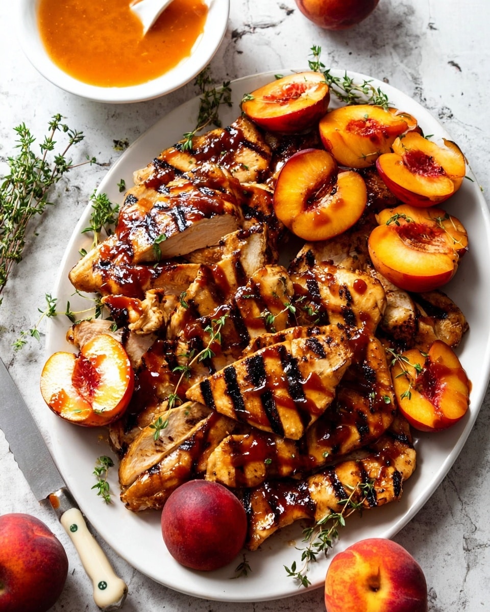 A white plate holds a layer of grilled chicken pieces, some sliced and others whole, all covered in a shiny BBQ sauce with dark grill marks. Scattered on top and around the chicken are whole and halved grilled peaches, also glazed and marked with grill lines, adding orange and red tones. Fresh green thyme sprigs are placed on the chicken and fruit, adding a touch of color contrast. In the top left corner, a white bowl with orange sauce sits on a white marbled texture, next to a whole peach and a white-handled knife. photo taken with an iphone --ar 4:5 --v 7