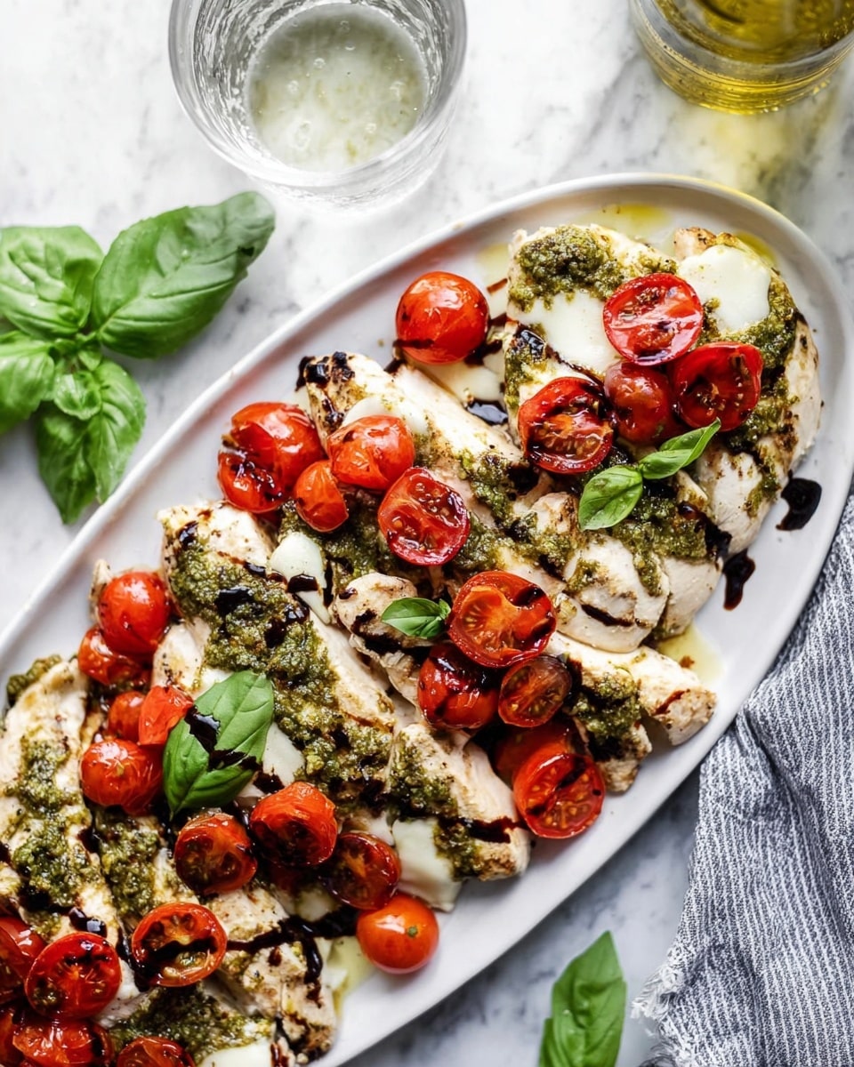 The dish features layers of grilled white chicken fillets spread across a white plate, topped with a green pesto sauce that adds a textured, slightly chunky look, and scattered halved bright red cherry tomatoes that add fresh color. There are small rounds of melted white cheese layered beneath some chicken pieces, with dark balsamic glaze drizzled over the top, creating a glossy contrast. Fresh green basil leaves are placed around the plate, adding a leafy touch to the composition. The plate is set on a white marbled surface with a clear glass of water nearby and a gray striped cloth partially visible. Photo taken with an iphone --ar 4:5 --v 7
