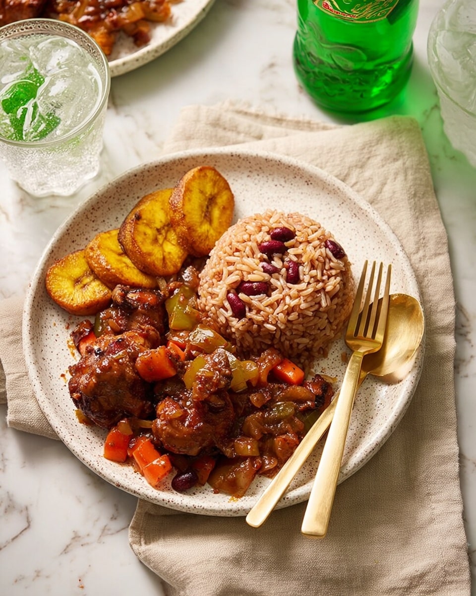 The image shows a white speckled plate with three main layers: a mound of brown rice mixed with red beans at the top right, golden-brown fried plantains arranged in a small cluster to the top left, and dark brown stewed chicken pieces with visible chunks of carrots and bell peppers covering the lower half of the plate, all coated in a glossy rich sauce. Two gold utensils, a fork and a spoon, rest on the right side of the plate. The plate is placed on a beige cloth on a white marbled surface. In the background, there is a glass of ice water and a green glass soda bottle with a green bottle cap nearby. photo taken with an iphone --ar 4:5 --v 7