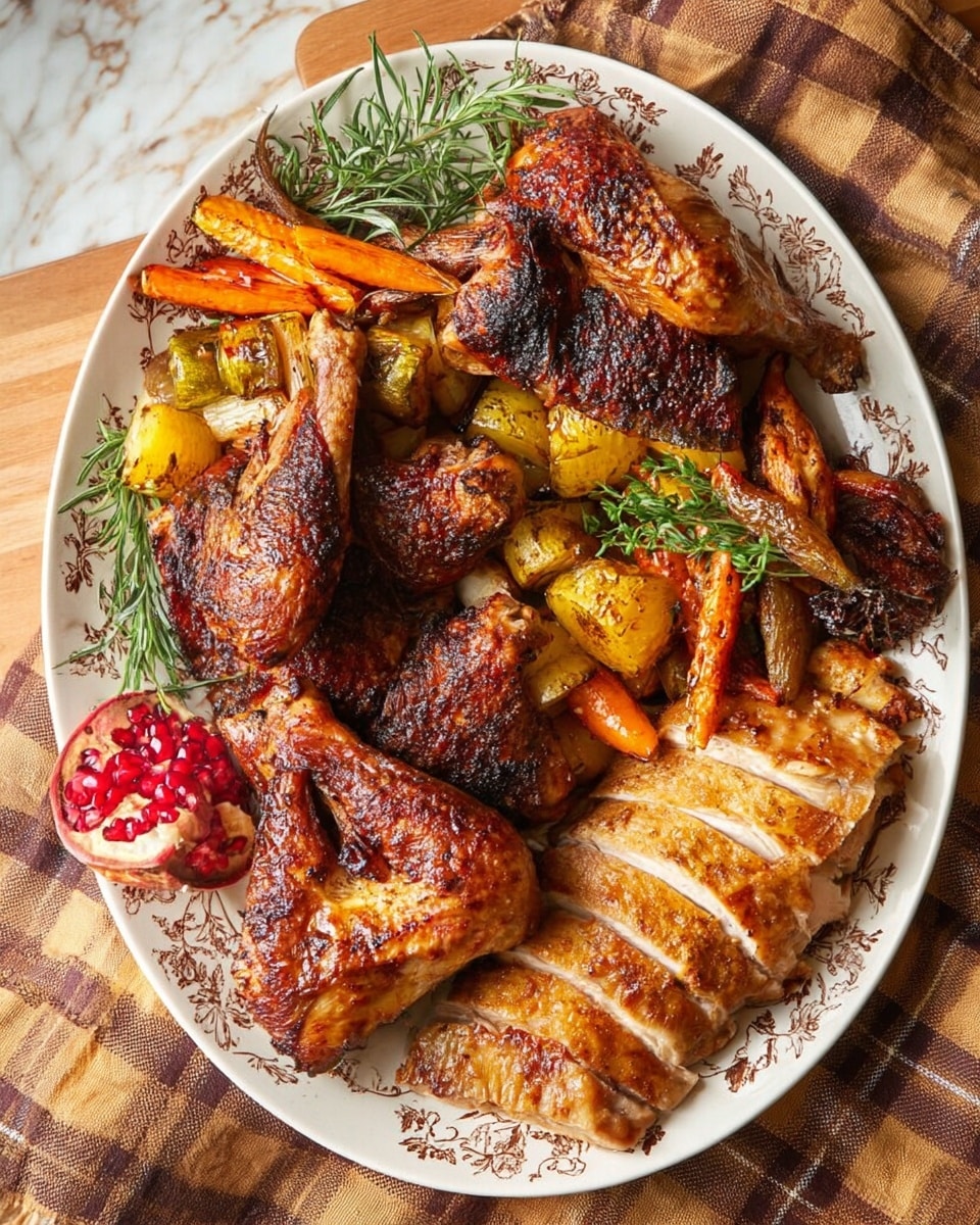 A large white plate with a brown floral pattern holds a variety of golden-brown roasted turkey parts, including two drumsticks, two wings, and sliced breast meat arranged on the right side. The turkey is crispy with a rich, dark golden-brown color and a slightly charred texture. On top of and around the turkey are roasted vegetables in warm tones: orange carrots, yellow and golden root vegetables, and garnishes of fresh green rosemary. Bright red pomegranate seeds and a wedge of pomegranate add a splash of color near the bottom left. The plate is placed on a brown and beige checkered cloth with a wooden surface underneath, all set against a white marbled texture in the background. Photo taken with an iphone --ar 4:5 --v 7