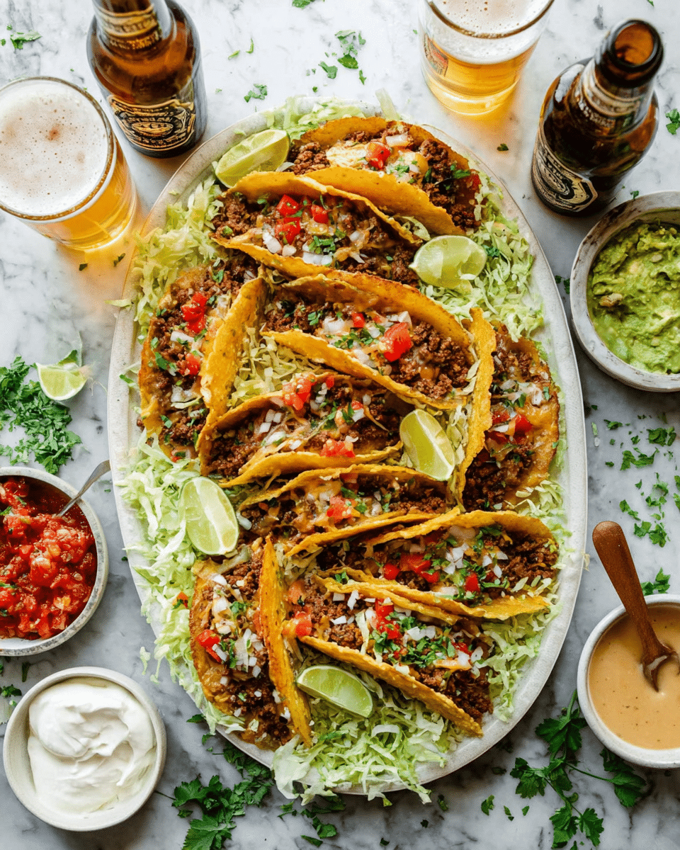 A white oval plate holds eight folded golden-brown tacos filled with a mixture of browned ground meat and melted cheese, topped with small pieces of red and green chopped vegetables and white onion. The tacos rest on a bed of shredded light green lettuce, with four lime wedges placed on top on the side of the plate. Around the plate on a white marbled surface, there are small bowls containing red salsa with chopped vegetables, creamy white sauce, and chunky green guacamole. Nearby, there is a bottle of light beer with a glass of beer, a small bowl of creamy light brown sauce with a wooden spoon inside, and scattered sprigs of fresh green herbs. photo taken with an iphone --ar 4:5 --v 7
