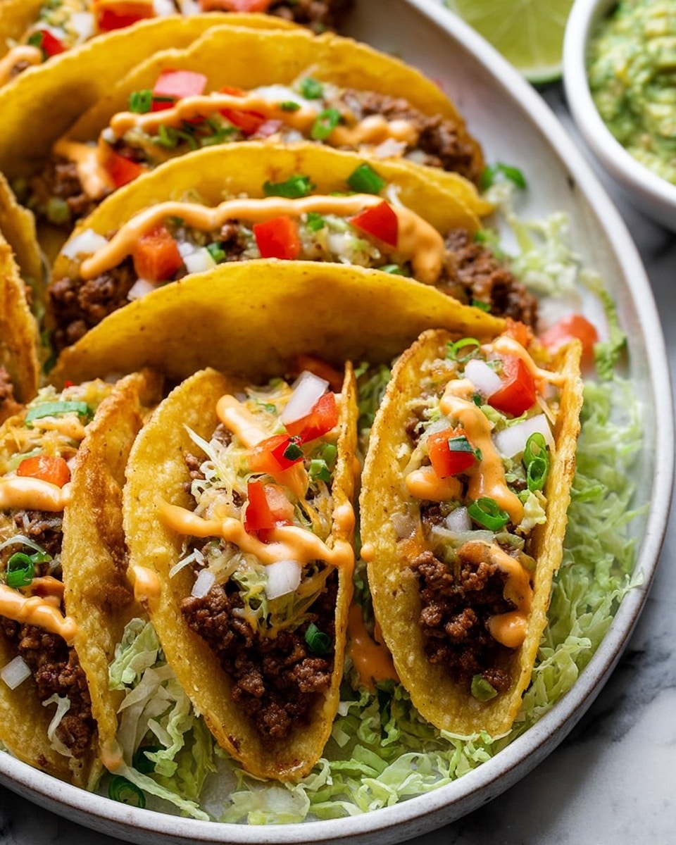 A close-up view of six crispy yellow corn tacos arranged in a white oval dish on a white marbled surface. Each taco has a crunchy shell folded over layers of browned seasoned ground beef, melted cheese, and finely chopped green onions. The tacos are topped with small cubes of red tomato, white onion, and a drizzle of creamy orange sauce. Beneath the tacos is a bed of shredded green lettuce filling the empty spaces in the dish. Part of a lime wedge and a white bowl of green guacamole appear at the edges of the frame. photo taken with an iphone --ar 4:5 --v 7