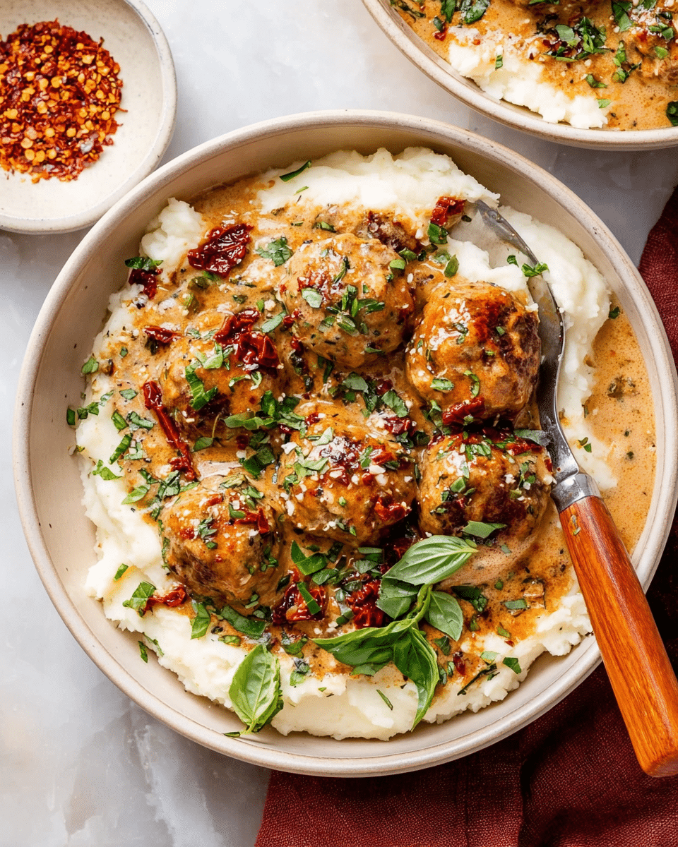 A white bowl filled with a base layer of smooth white mashed potatoes, topped with a creamy light brown sauce that coats several browned, round meatballs. The sauce has small pieces of sun-dried tomatoes and bits of green herbs spread on top. Fresh chopped green basil leaves sprinkle over the dish, adding a bright green color contrast. A silver spoon with a wooden handle rests inside the bowl on the right. The bowl sits on a white marbled surface with a small white bowl of red chili flakes visible in the background. photo taken with an iphone --ar 4:5 --v 7