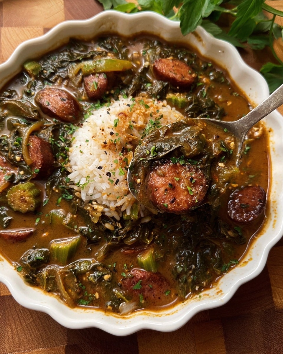 A close-up of a white scalloped bowl filled with a thick stew consisting of dark green leafy vegetables, sliced browned sausages, and small okra pieces in a rich brown broth. In the center, there is a mound of white rice partially covered with the stew's sauce, showing a soft and slightly sticky texture. The stew looks hearty with visible herbs and spices mixed throughout. The bowl is placed on a wooden checkered surface, and a metal spoon is scooping some rice from the bowl. In the background, some green leafy herbs add a fresh touch. photo taken with an iphone --ar 4:5 --v 7