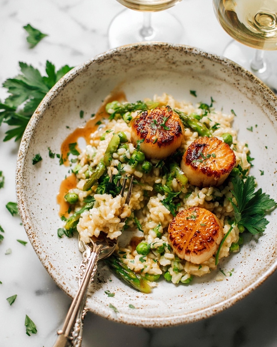 The dish shows a white speckled bowl filled with creamy risotto mixed with green vegetables like asparagus and garnished with fresh parsley leaves. Three golden brown seared scallops sit on top, each slightly caramelized on the edges and shiny. A spoon drizzles a glossy brown sauce over the scallops. A silver fork rests on the bowl’s edge with some risotto on its prongs. The bowl is placed on a white marbled surface with green parsley sprigs scattered around and a glass of white wine blurred in the background. photo taken with an iphone --ar 4:5 --v 7