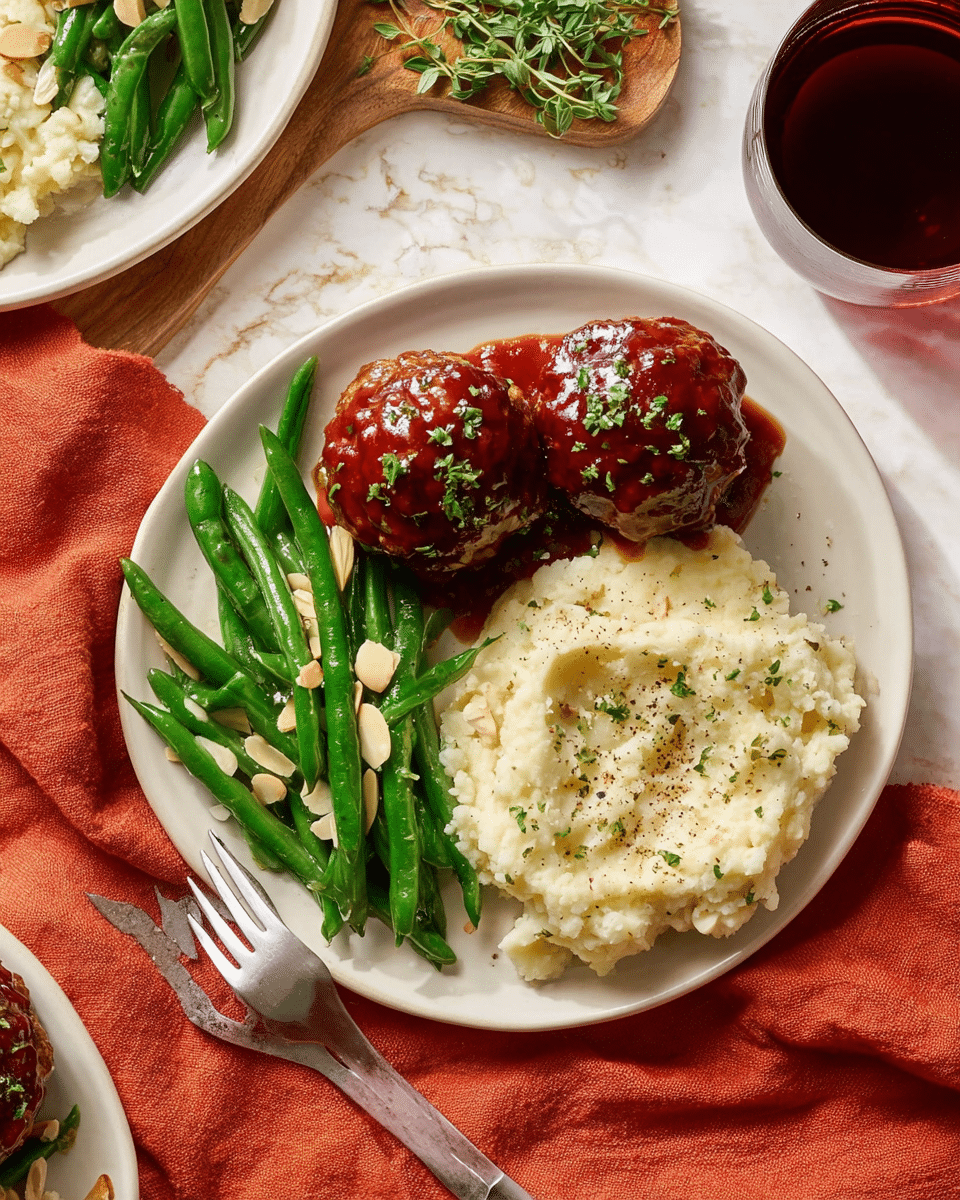 A white plate holds a meal with three main parts: two glistening, dark red meatballs covered in shiny sauce and sprinkled with small green herbs on the top left; a bright green pile of green beans mixed with sliced almonds in the center bottom; and a creamy, pale yellow mashed cauliflower with a slightly rough texture, seasoned with black pepper and herbs, filling the right side of the plate. A silver fork rests on the left edge of the plate, lying on an orange cloth. The background has a white marbled texture with a glass of dark red liquid and a small wooden board with fresh herbs visible nearby. Photo taken with an iphone --ar 4:5 --v 7