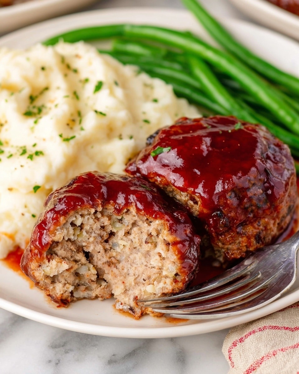 The image shows a close-up of two meatloaf patties with a thick, shiny dark red sauce on top, placed on a white plate. One meatloaf is cut open, revealing a soft, crumbly inside with a light brown color and small bits of seasoning. To the side, there is a large serving of creamy mashed potatoes, creamy white with a slightly rough texture and small bits of herbs sprinkled on top. In the background, there are several bright green slender cooked green beans. A fork with a metallic shine is placed near the meatloaf on the plate. The entire scene is set on a white marbled surface photo taken with an iphone --ar 4:5 --v 7
