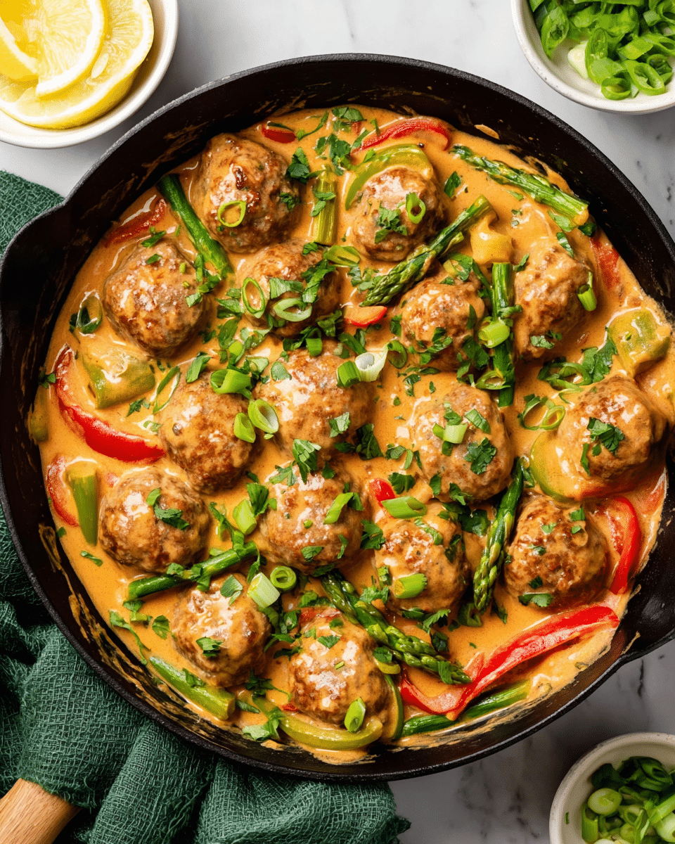 A black skillet filled with about a dozen brown meatballs covered in a creamy, light orange sauce with visible red and yellow bell pepper slices and green asparagus spears mixed in. The dish is topped with chopped green onions and fresh chopped parsley scattered evenly across the surface. To the top left of the skillet is a white bowl with lemon wedges, and at the bottom right, a part of another white bowl with more chopped green onions is visible. The skillet rests on a white marbled surface with a green cloth napkin partly under the handle. Photo taken with an iphone --ar 4:5 --v 7