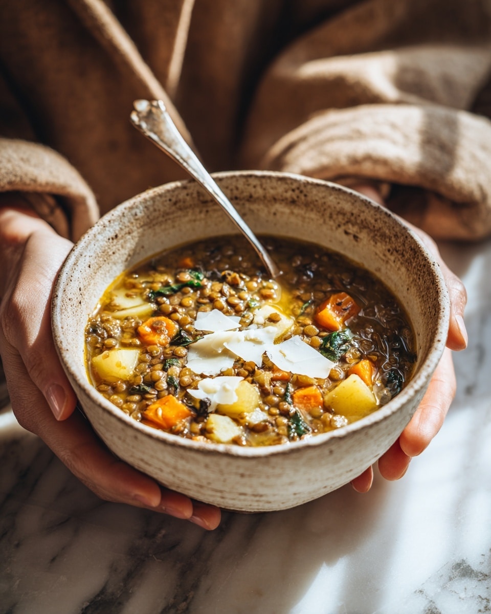 A woman’s hand holds a rustic, speckled beige bowl filled with a thick vegetable and lentil soup. The soup has a mix of colors and textures: orange carrot pieces, light brown lentils, small yellow potato chunks, and dark green leafy bits in a golden-yellow broth. On top, there are thin, soft white cheese slices layered slightly off-center. A silver spoon rests inside the bowl, leaning against the edge. The background shows the person wearing a brown jacket, and the overall setting is warm and cozy with soft natural light. The surface beneath is a white marbled texture. photo taken with an iphone --ar 4:5 --v 7