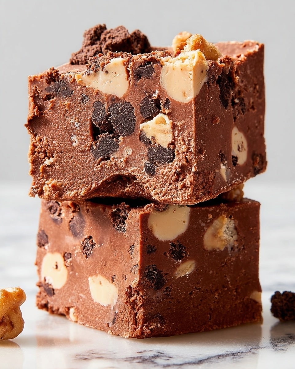 The image shows two thick square pieces of chocolate fudge stacked on top of each other on a white marbled surface. The fudge has a smooth, dense brown texture with large chunks of light beige nuts and dark brown cookie pieces mixed throughout all layers. The top piece rests at a slight angle on the lower piece, showing a rough crumbly edge and the creamy inside filled with mixed textures. The overall look is rich and indulgent, with visible bits of nuts and cookies breaking up the soft fudge. Photo taken with an iphone --ar 4:5 --v 7