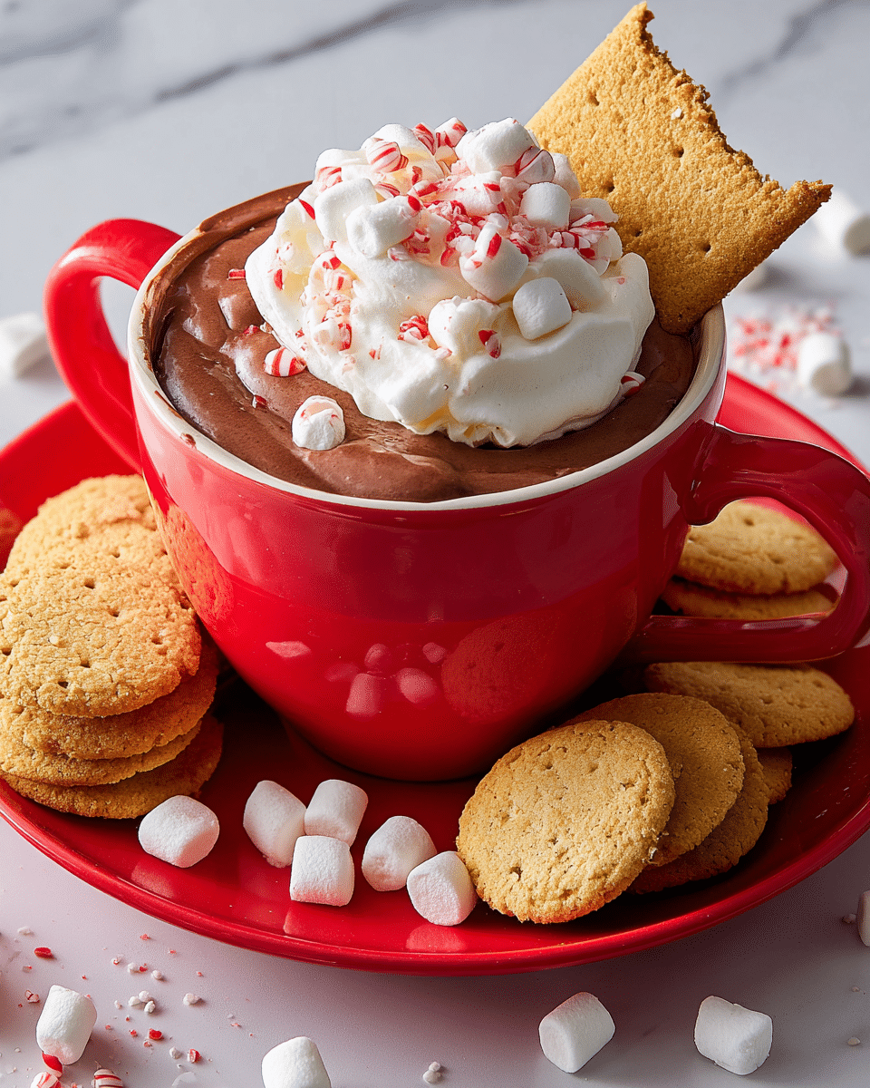 A bright red mug filled with smooth, dark chocolate mousse topped thickly with a fluffy white whipped cream layer, sprinkled with small white marshmallows and red and white candy cane pieces. A triangular graham cracker is dipped into the mousse, resting on the rim of the mug. The mug sits on a matching red plate arranged with golden brown round cookies in the front and broken rectangular graham crackers stacked on the side. Scattered mini marshmallows and candy cane bits are visible beside the plate. The whole scene is set on a white marbled surface. photo taken with an iphone --ar 4:5 --v 7