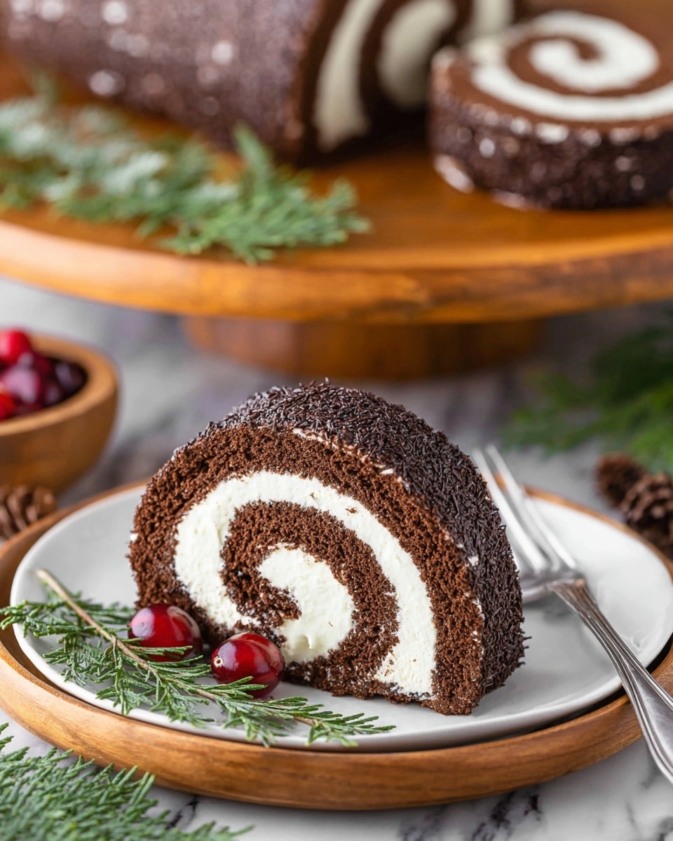 A slice of chocolate roll cake sits in the center of a round white plate, showing three visible layers: a dark brown outer layer with a rough textured chocolate coating, a smooth, creamy white swirl layer inside, and a tightly rolled inner dark brown cake layer; the plate also holds red berries and a silver fork on the side, with sprigs of green rosemary decorating the scene and a wooden cake stand holding the larger roll cake blurred in the background, all set against a white marbled texture. photo taken with an iphone --ar 4:5 --v 7