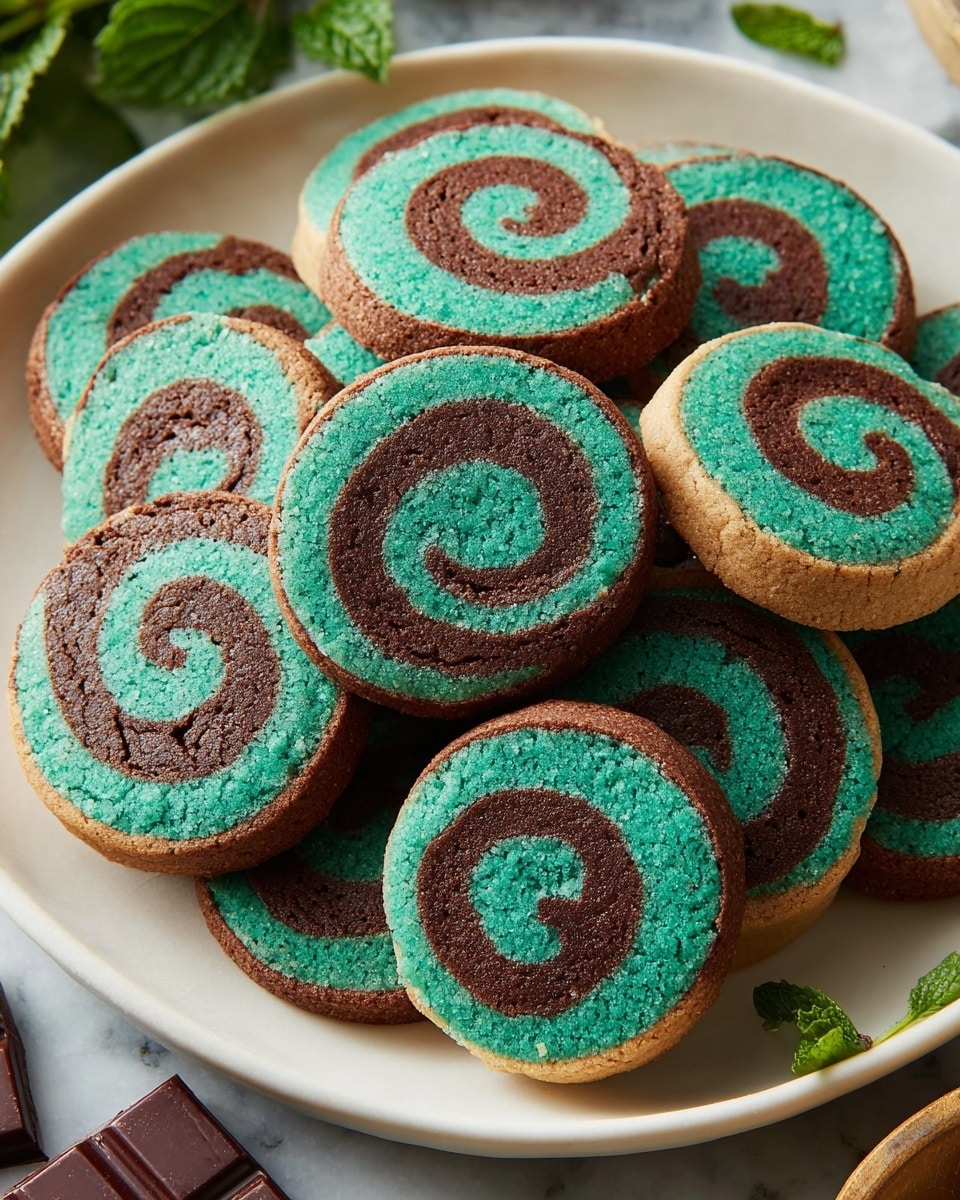 The image shows a stack of six round cookies with a swirl pattern. Each cookie has two visible layers: the outer layer is bright green with a rough texture, and the spiral swirl inside is light brown, smoother and slightly raised. Surrounding the stack are more of these same cookies spread out flat on a white marbled surface. Close to the front left side, there are a few dark brown square chocolate pieces and a fresh green mint leaf. The whole scene is bright and clear with a soft focus background that keeps attention on the cookies. Photo taken with an iphone --ar 4:5 --v 7